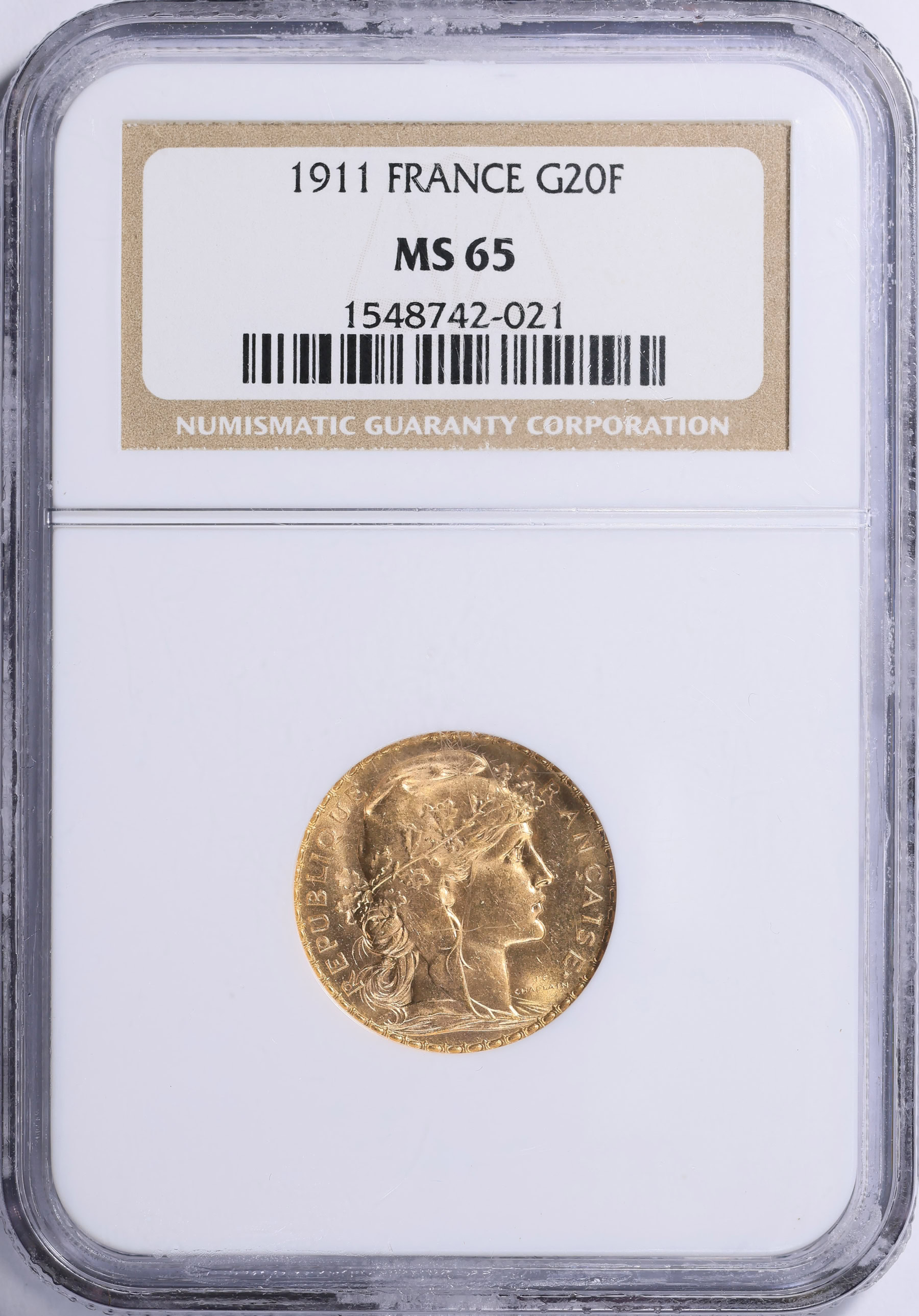 France 1911 Gold 20 Francs KM-857 NGC MS-65 (AGW = 0.1866 oz