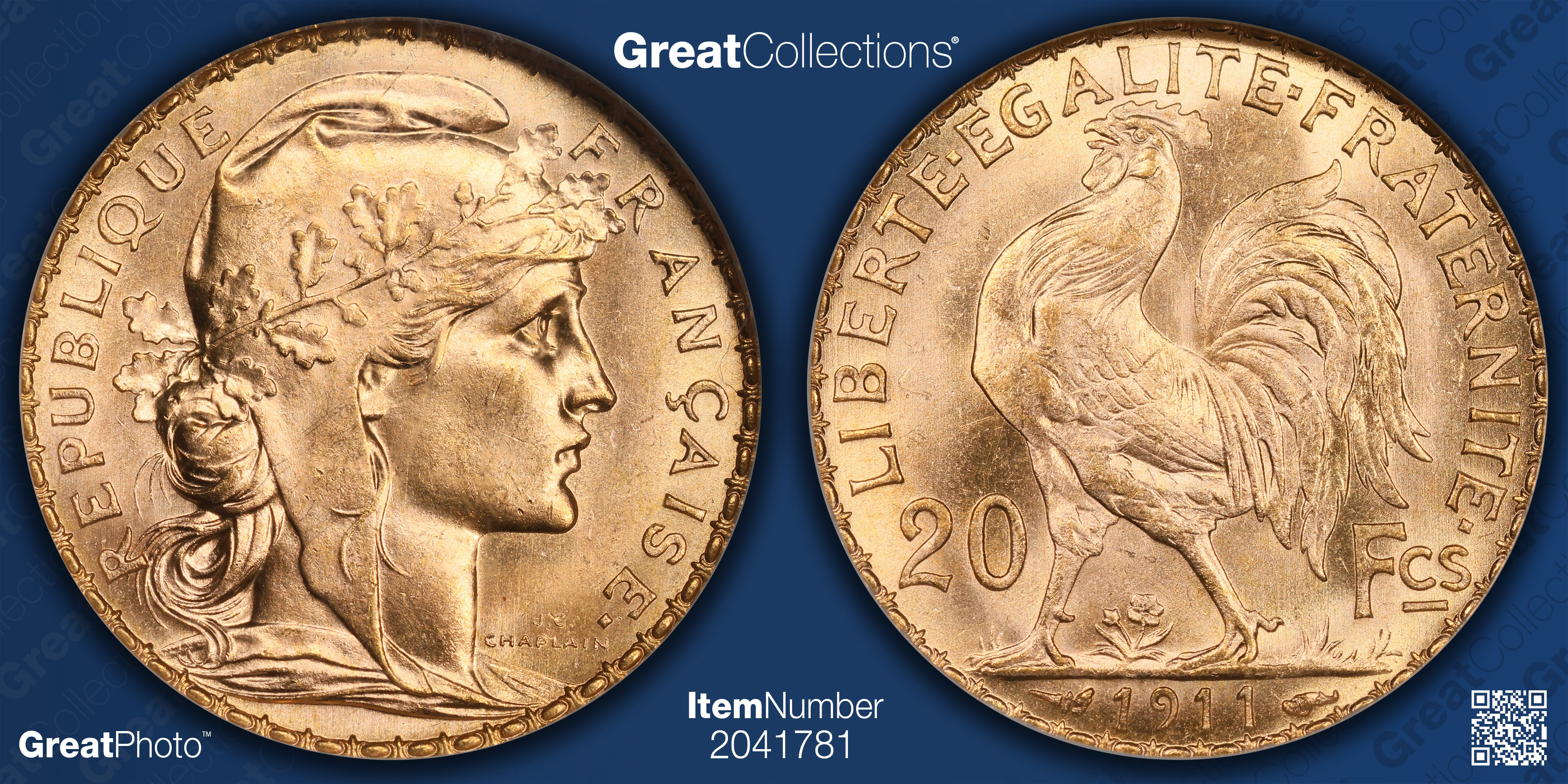 France 1911 Gold 20 Francs KM-857 NGC MS-65 (AGW = 0.1866 oz