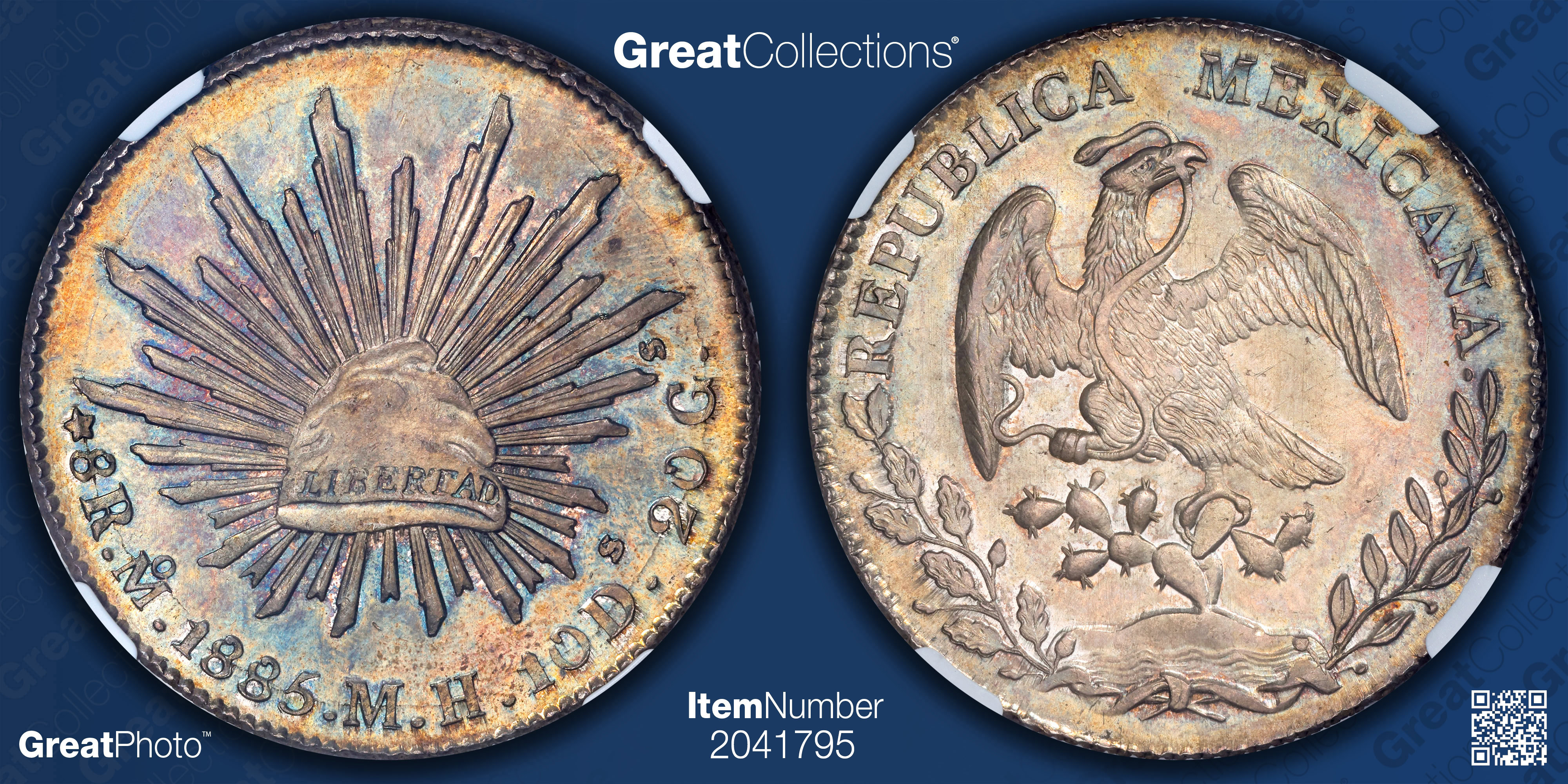 Mexico 1885-Mo MH Silver 8 Reales KM-377.10 NGC MS-65 (Toned