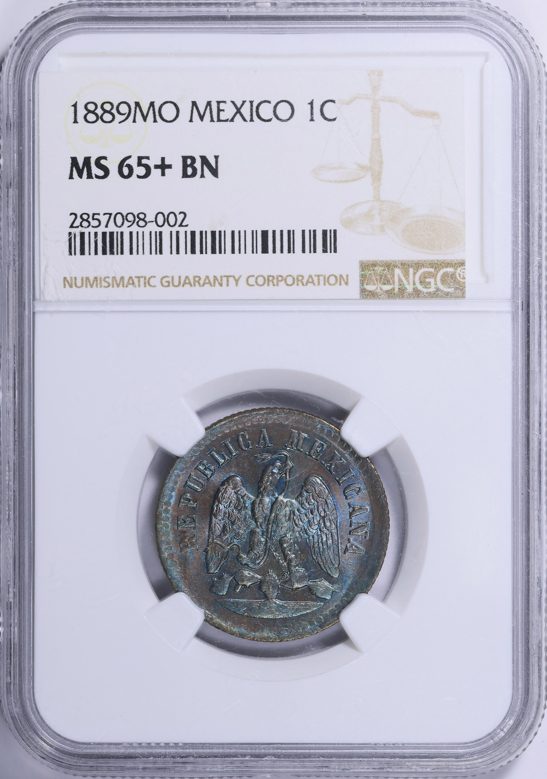 Mexico 1889-Mo Centavo KM-391.6 NGC MS-65+ BN (Toned) (Item