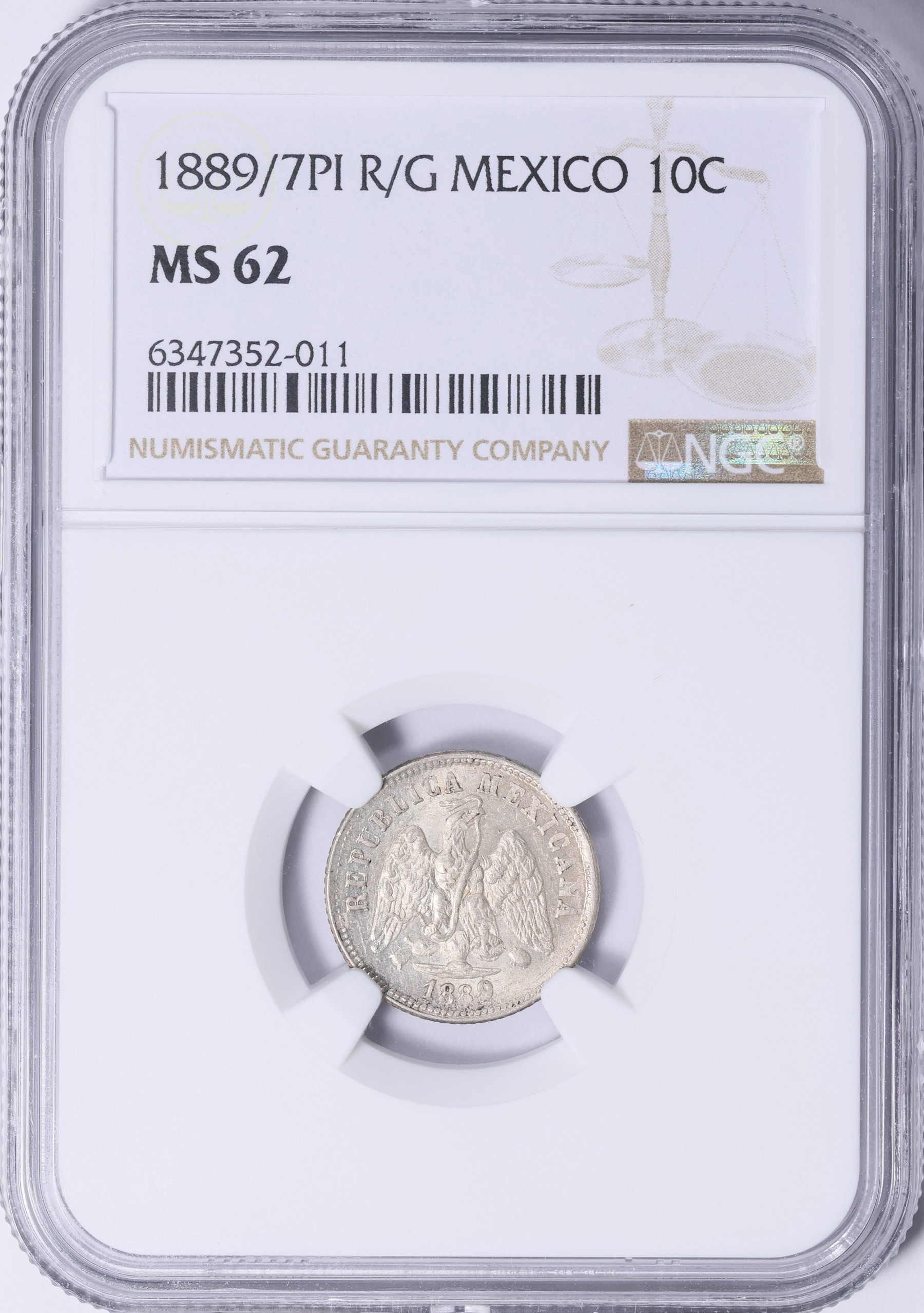 Mexico 1889/7-Pi R/G Silver 10 Centavos KM-409.3 NGC MS-62 | NGC