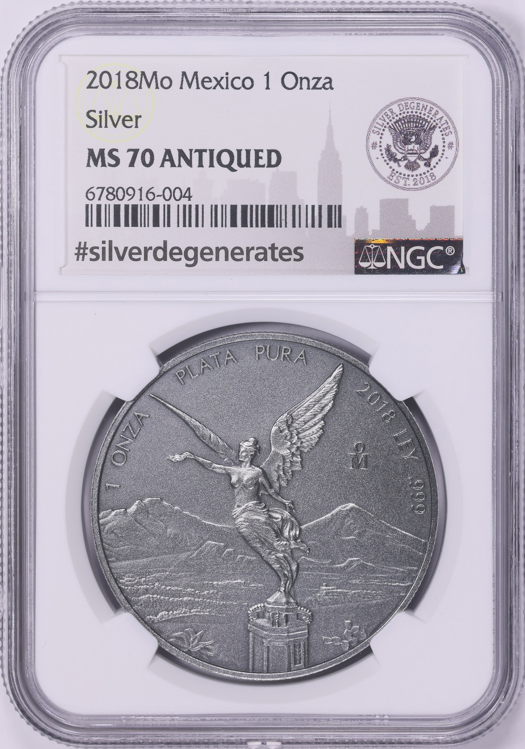 Mexico 2018-Mo Silver Onza Libertad Antique Finish KM-639 NGC MS