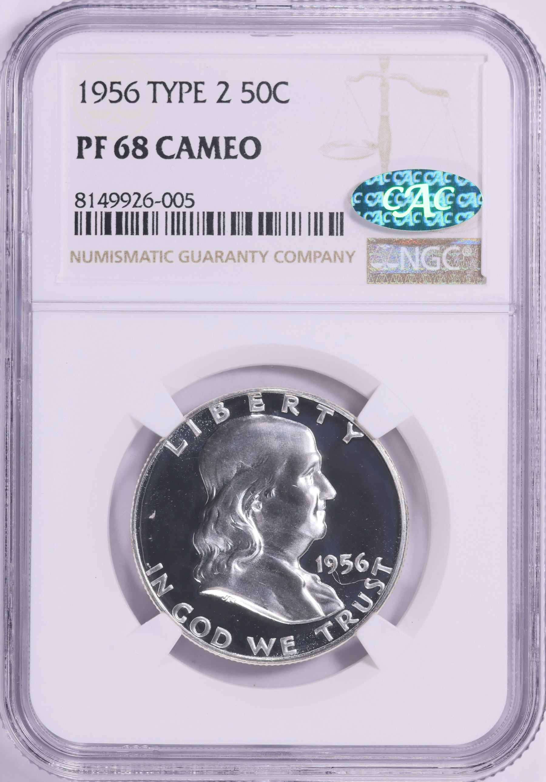 1956 Franklin Half Dollar Type 2 NGC Proof-68 CAMEO (CAC Green