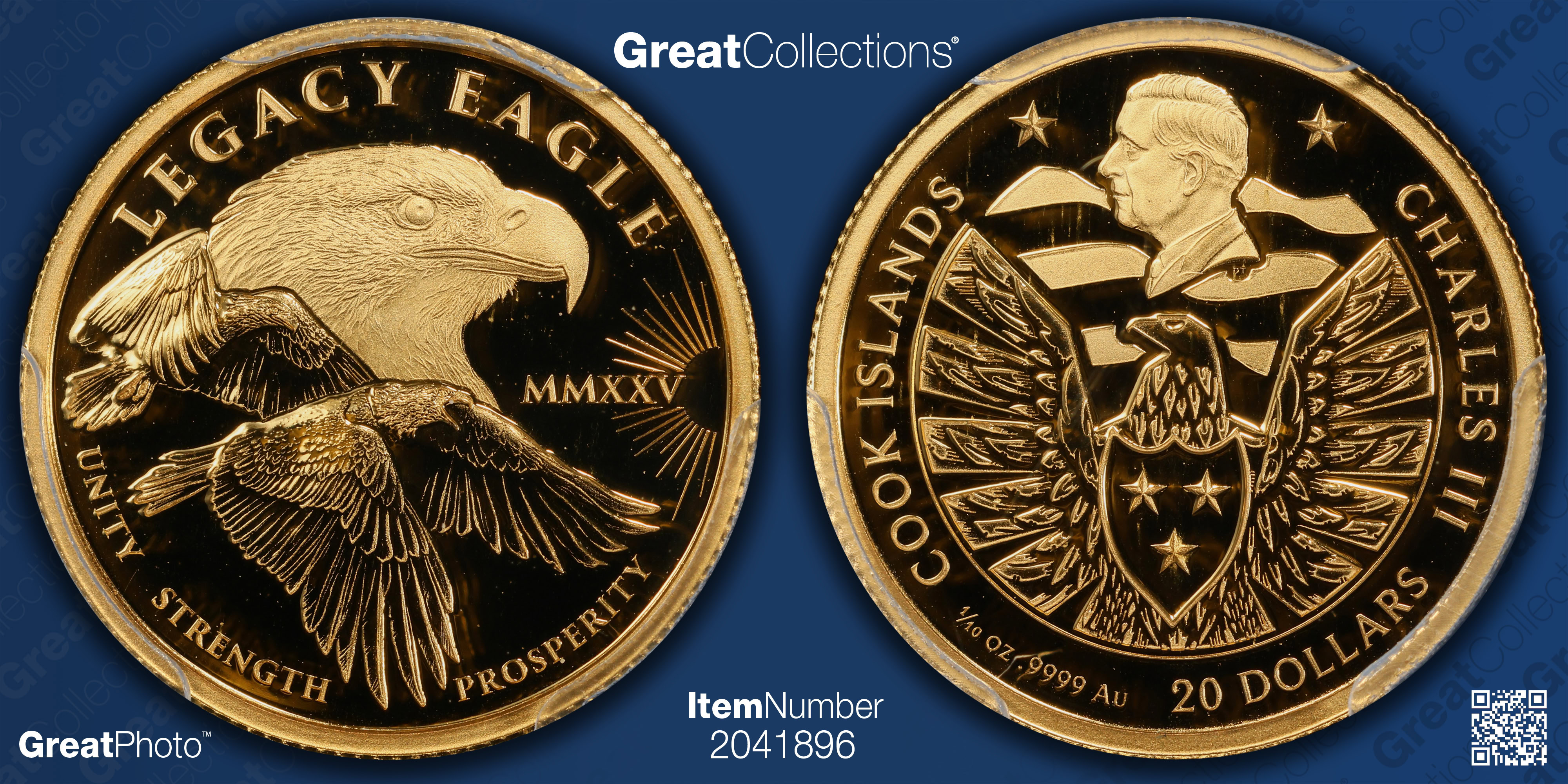 Cook Eagle Cook Islands 2025 Gold $20 Legacy Eagle PCGS Proof-70 DCAM (AGW = 0. ...