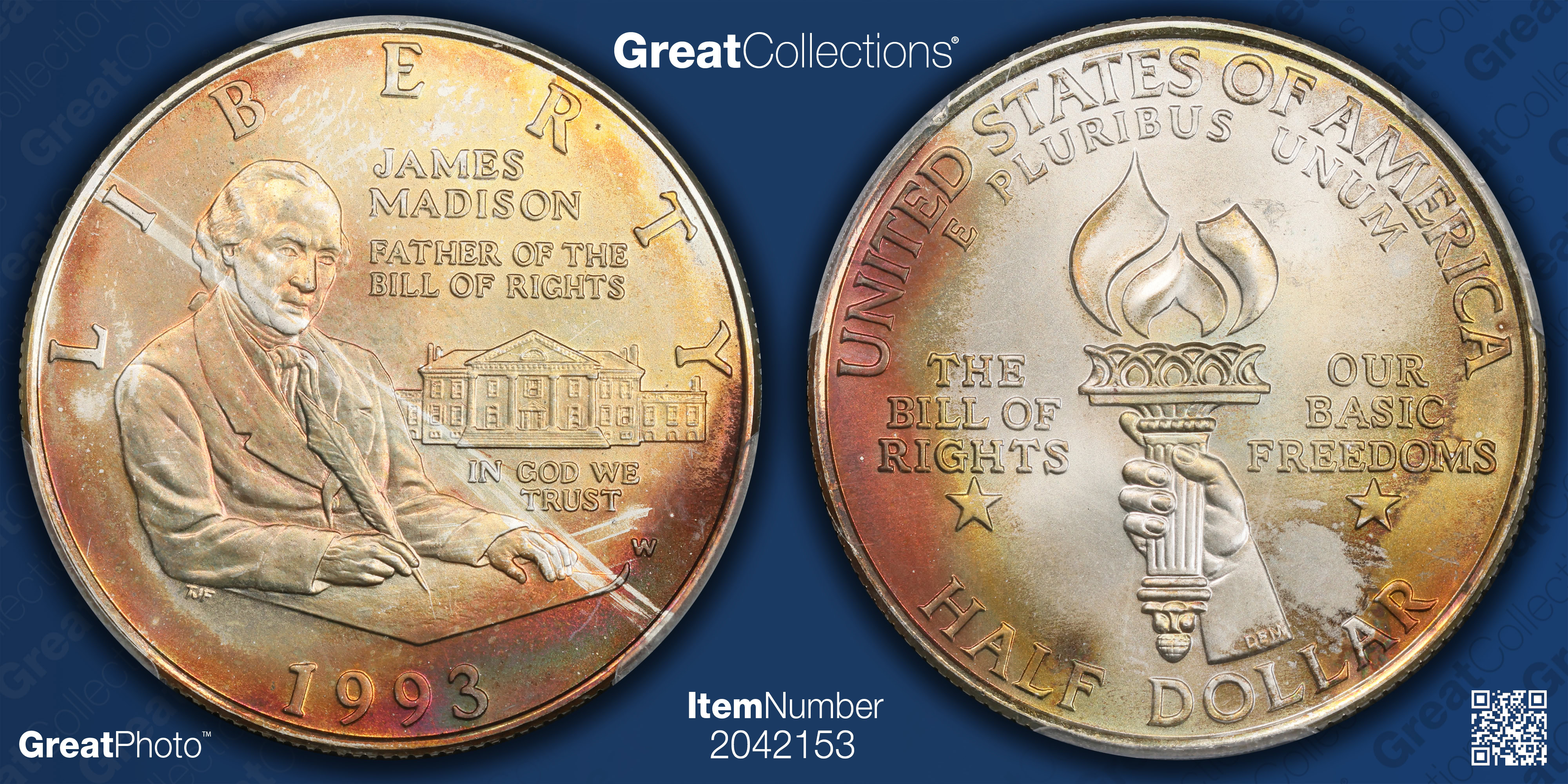 1993-W James Madison and Bill of Rights Silver Half Dollar PCGS MS
