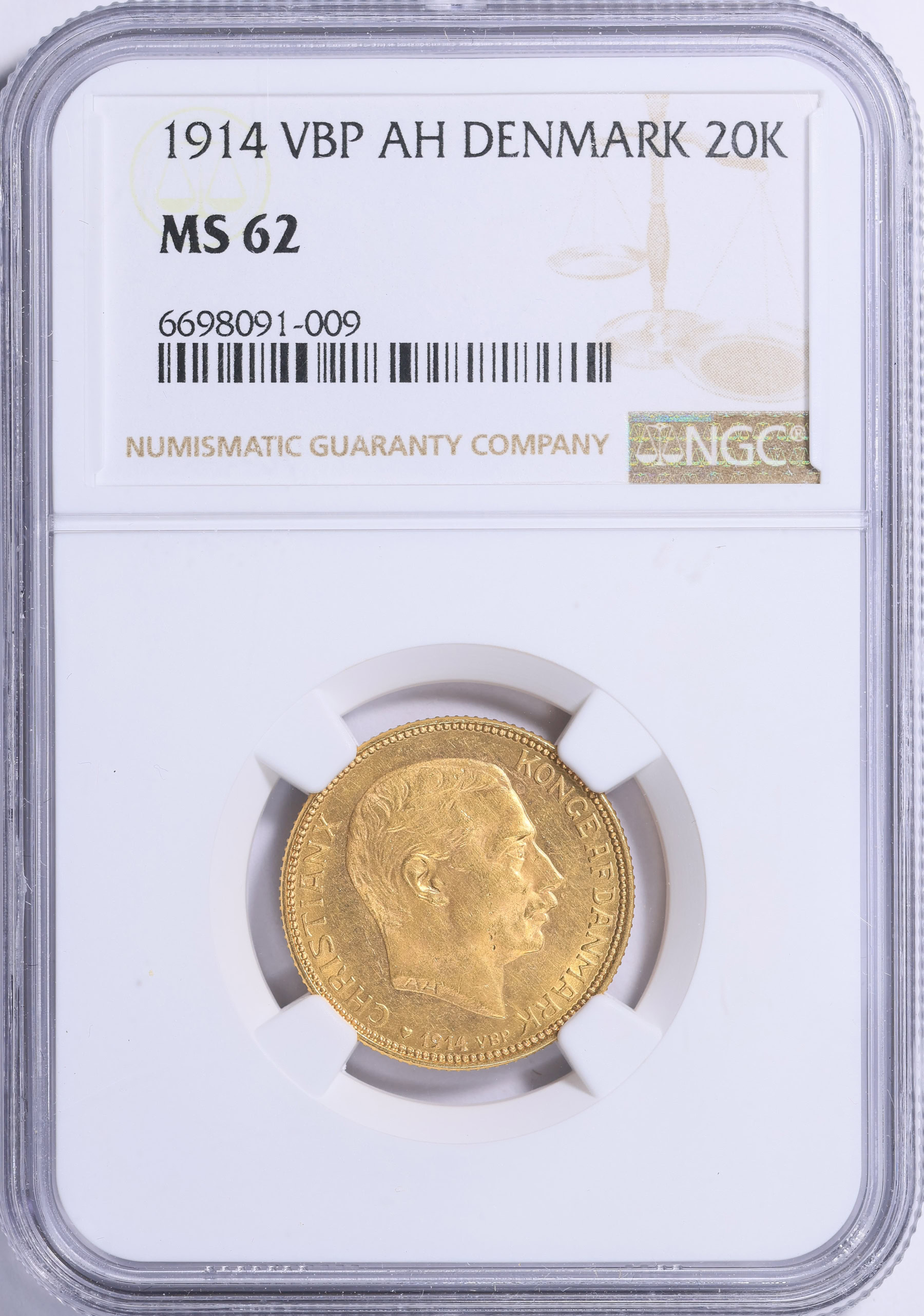 Denmark 1914-VBP AH Gold 20 Kroner KM-817.1 NGC MS-62 (AGW