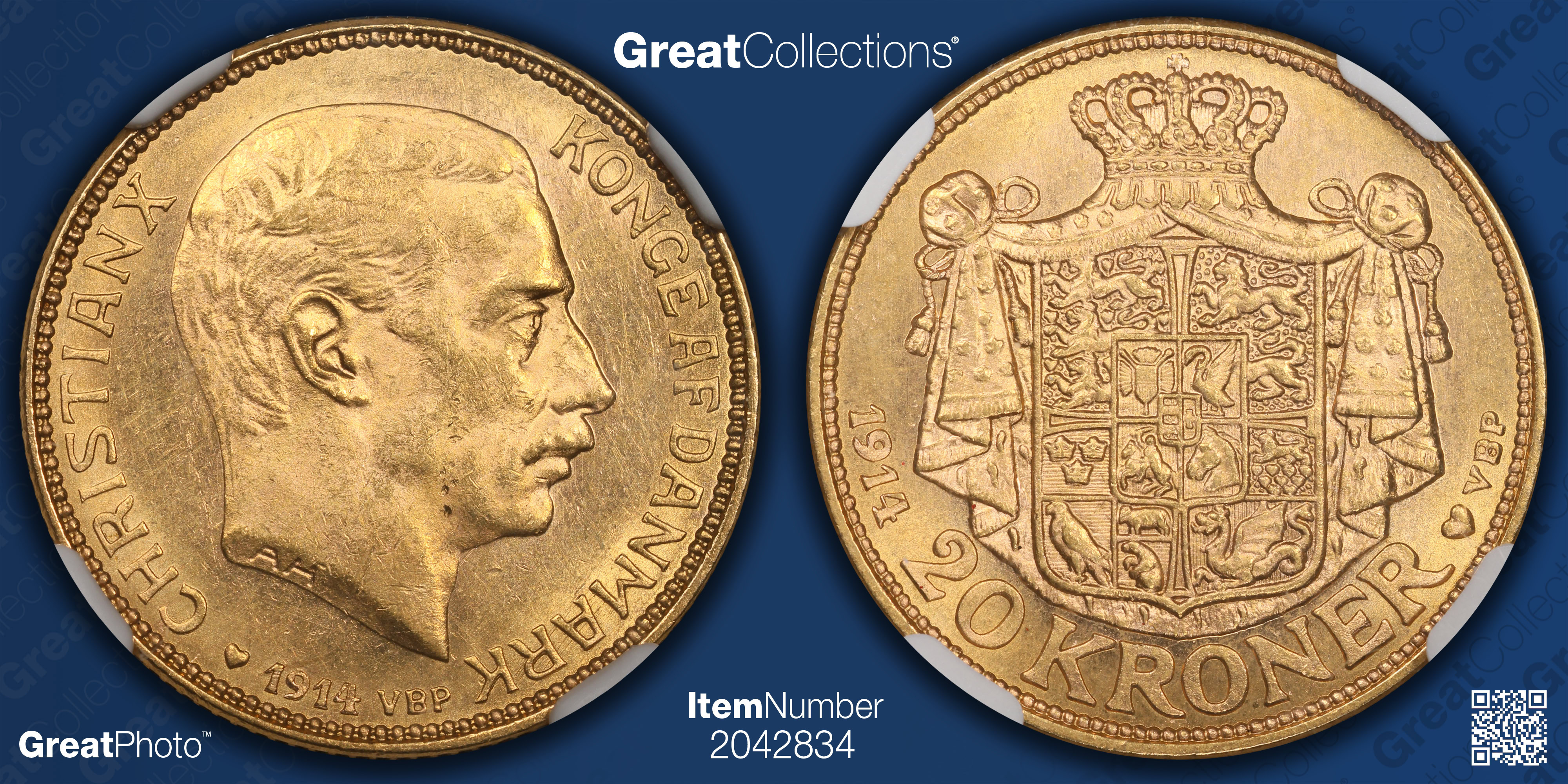 Denmark 1914-VBP AH Gold 20 Kroner KM-817.1 NGC MS-62 (AGW