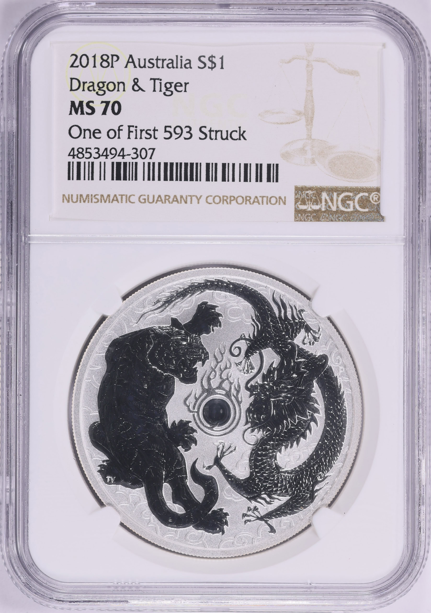 Australia 2018-P Silver Dollar Dragon & Tiger KM-3515 NGC MS-70