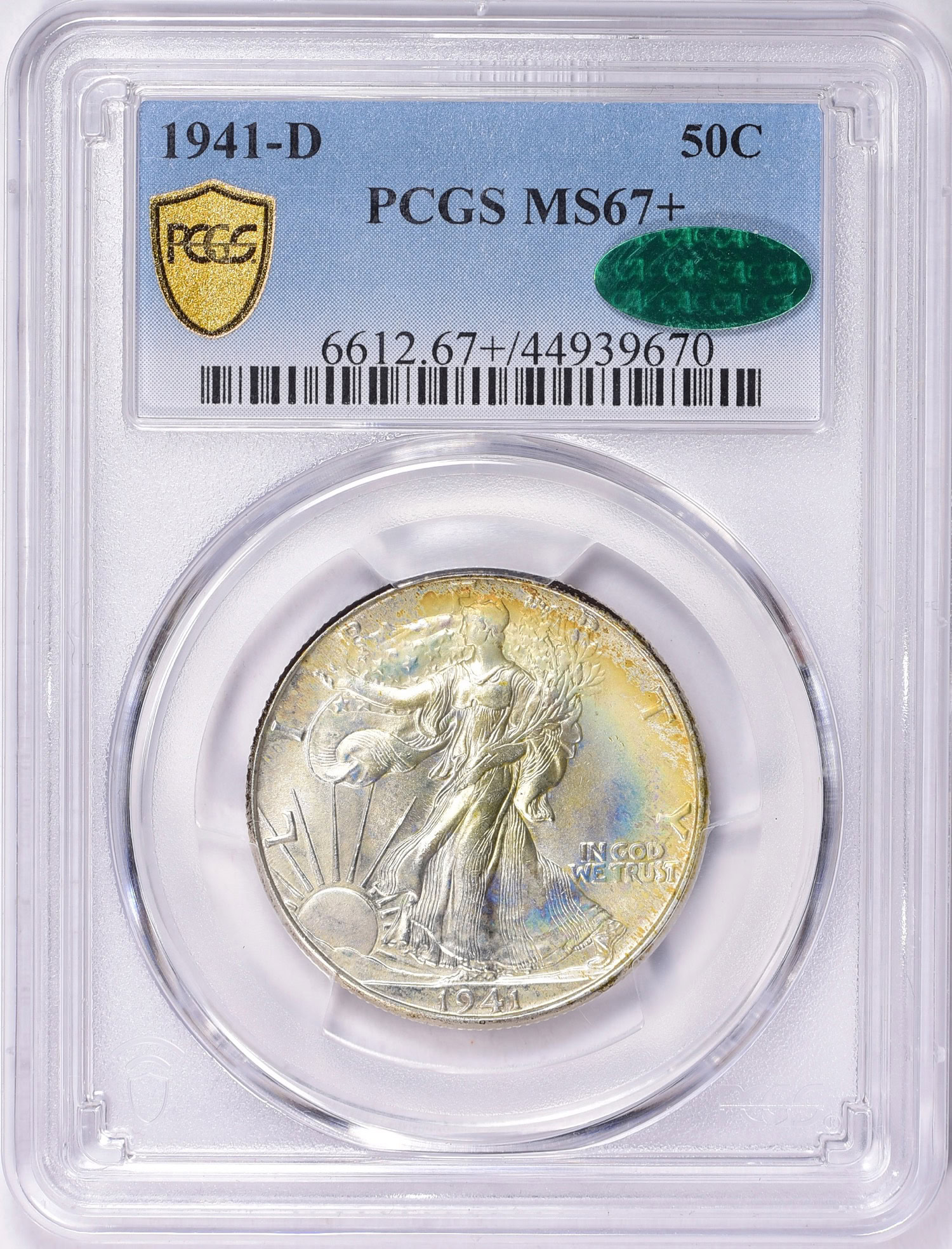 1941-D Walking Liberty Half Dollar PCGS MS-67+ (CAC Green) (Toned) (Item  2043160) | GreatCollections Coin Auctions