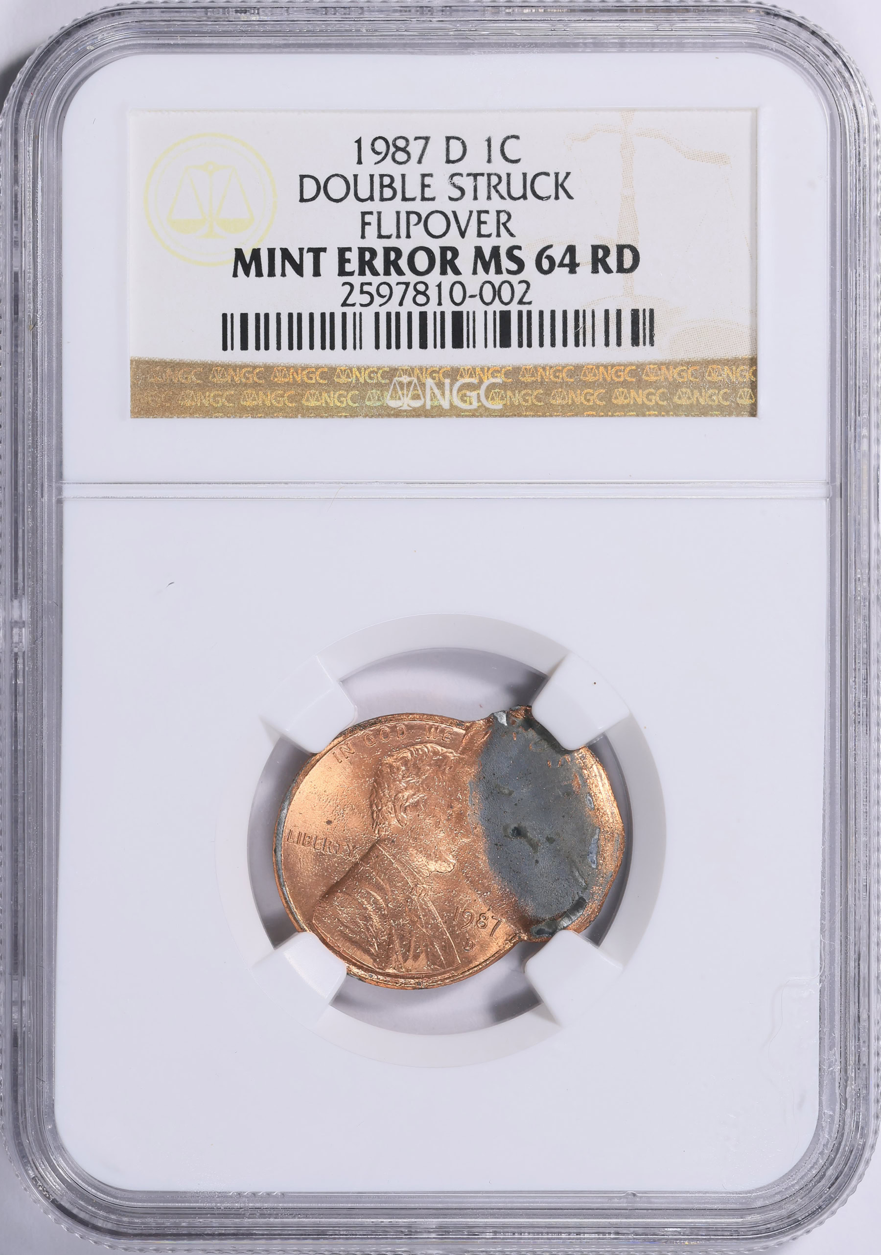 Mint Error 1987-D Lincoln Cent Flipover Double Strike NGC MS-64 RD