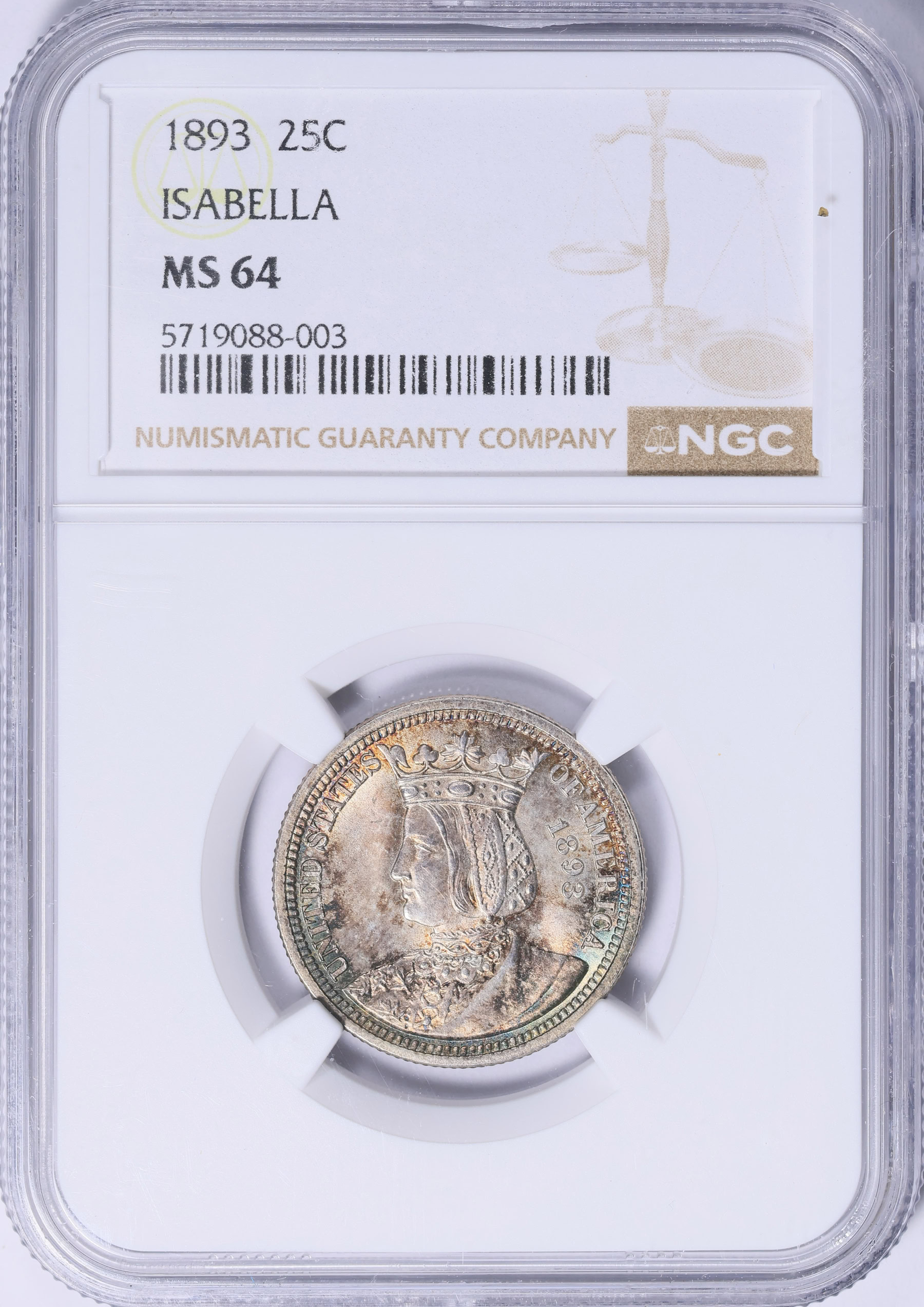 1893 World Columbian Exposition, Isabella Quarter NGC MS-64 (Toned