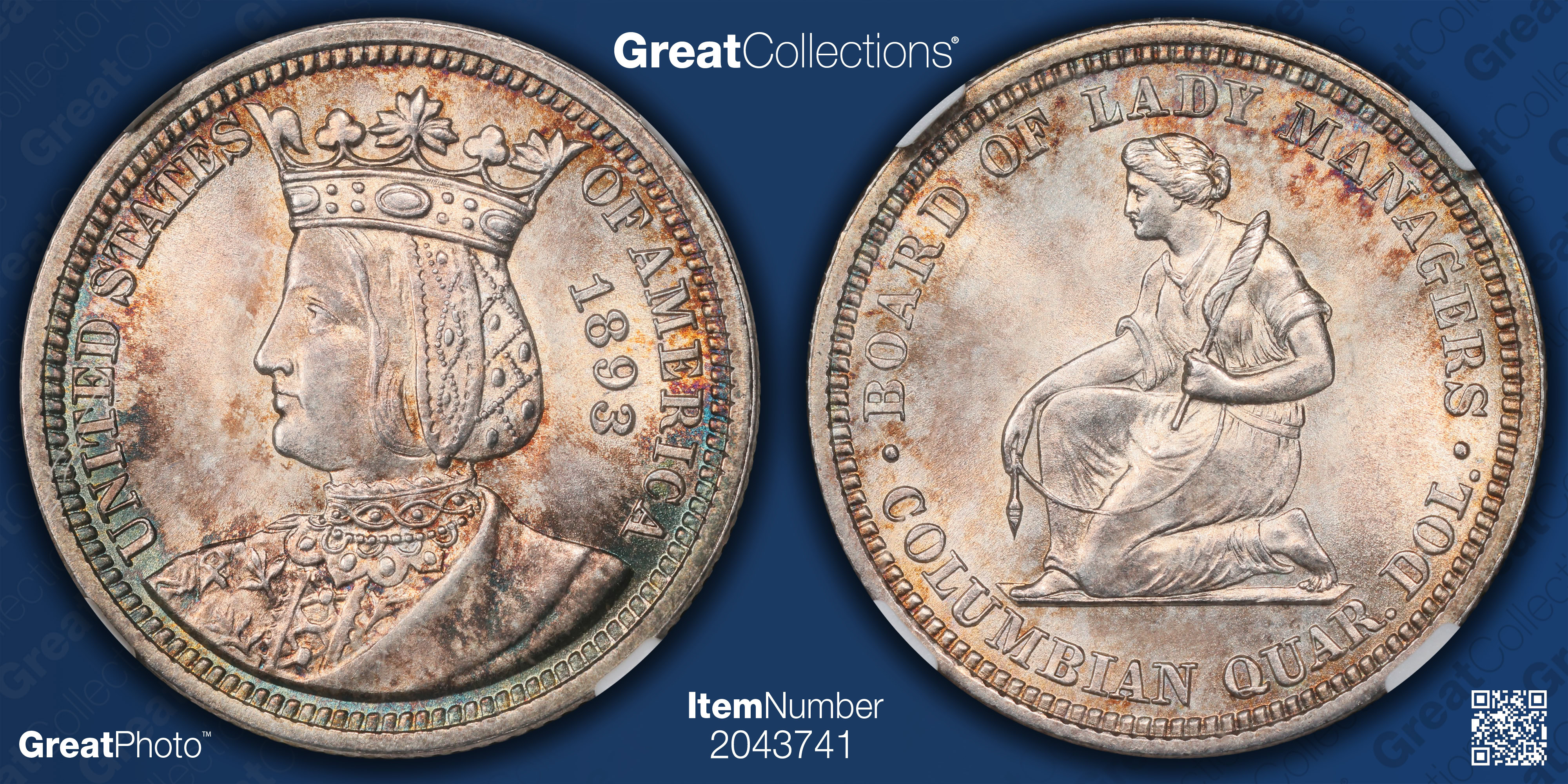 1893 World Columbian Exposition, Isabella Quarter NGC MS-64 (Toned