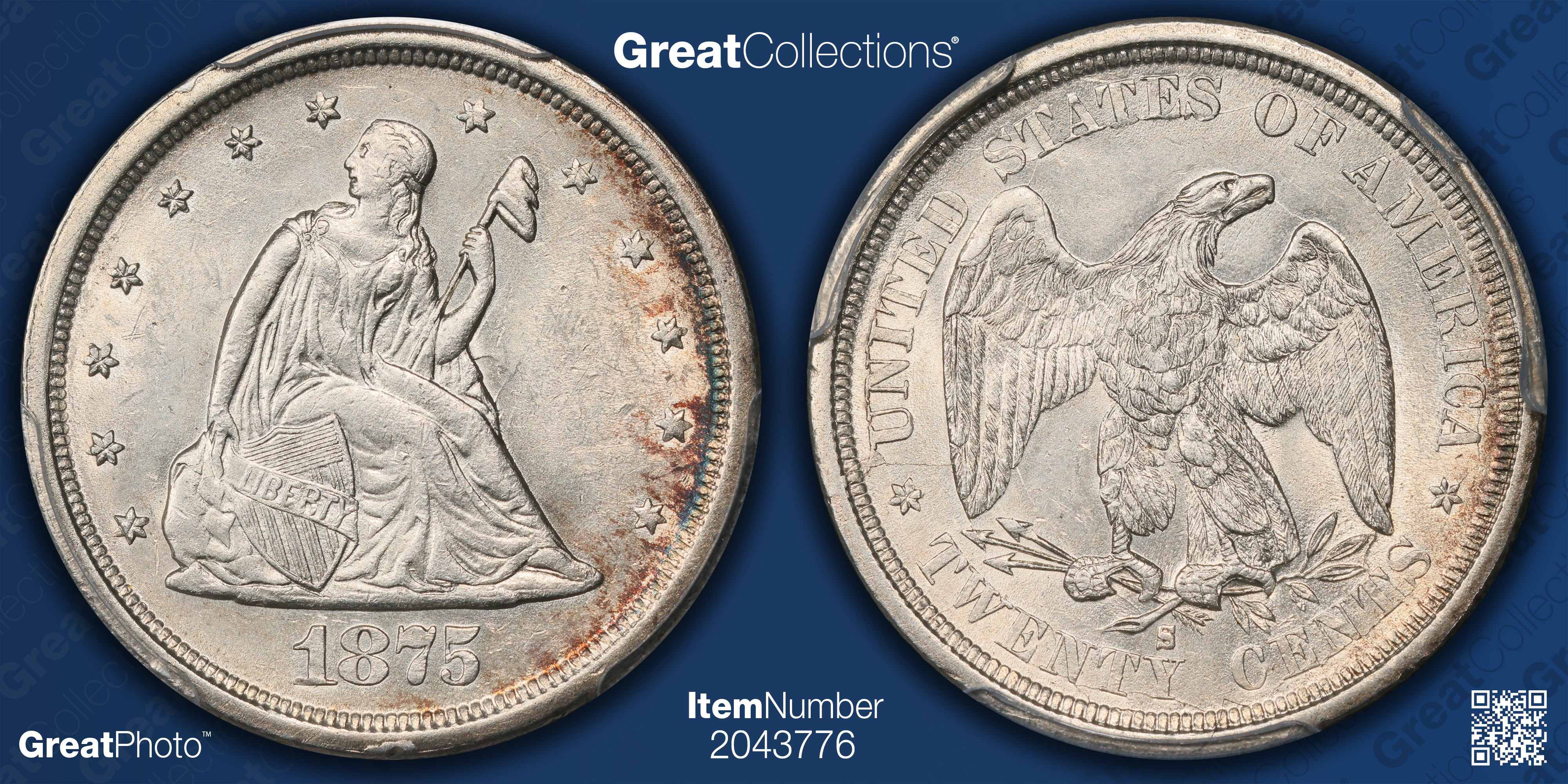 1875-S Twenty-Cent Piece PCGS AU-58 (Item 2043776) | GreatCollections ...