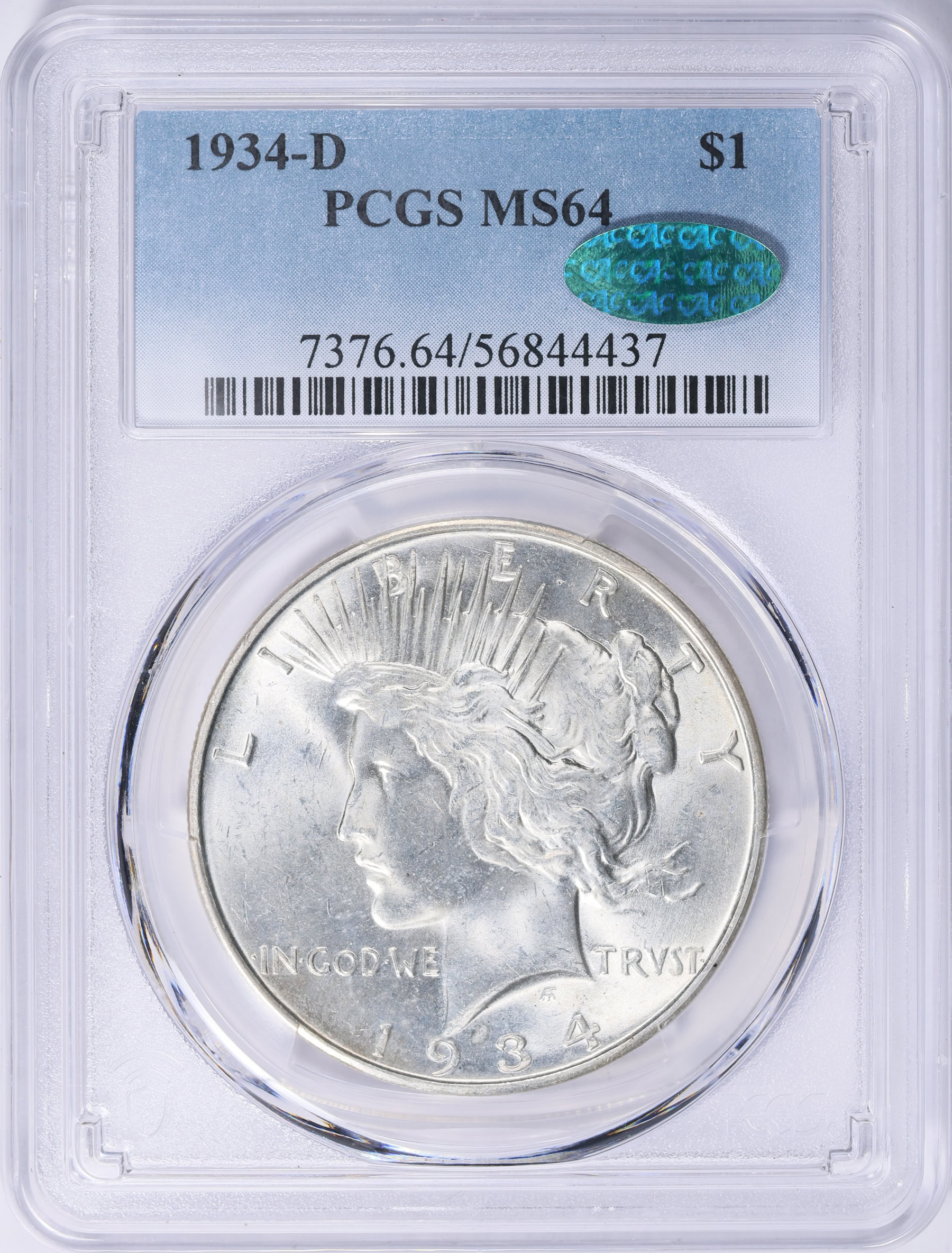 1934-D Peace Silver Dollar PCGS MS-64 (CAC Green) (Item 2043817