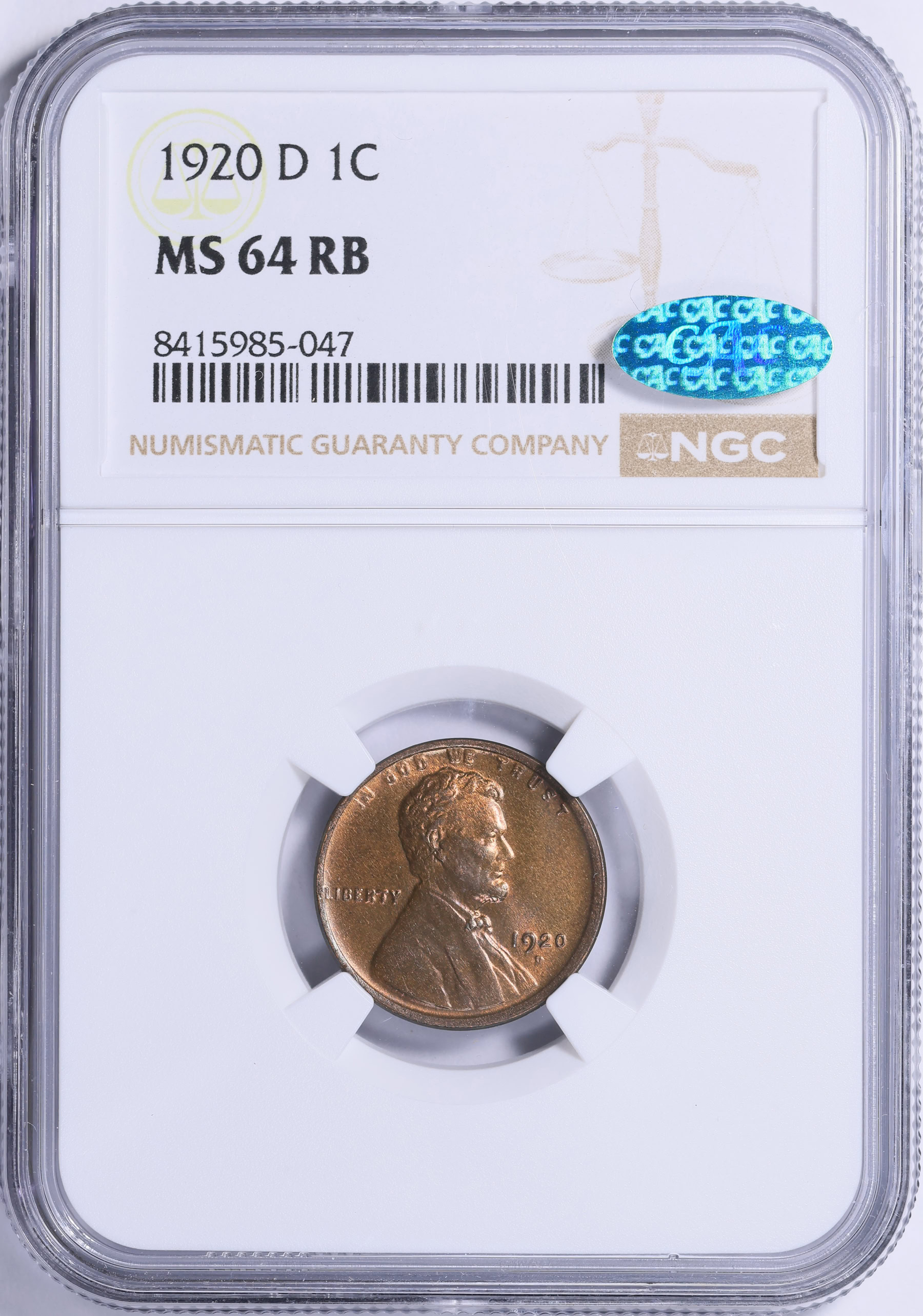 1920-D Lincoln Cent NGC MS-64 RB (CAC Green) (Item 2044463