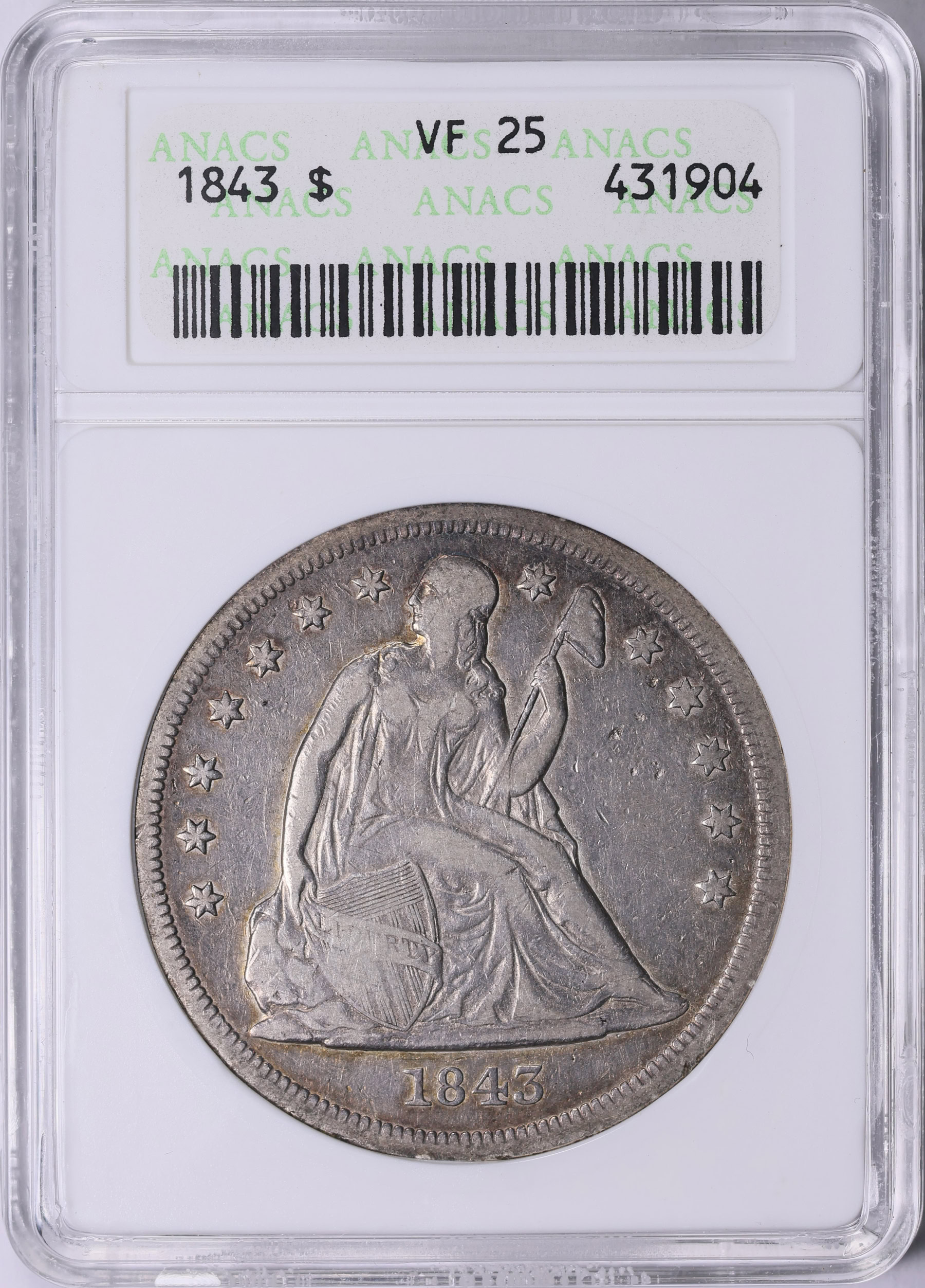 1843 Seated Liberty Silver Dollar ANACS VF-25 OH (Toned) (Item