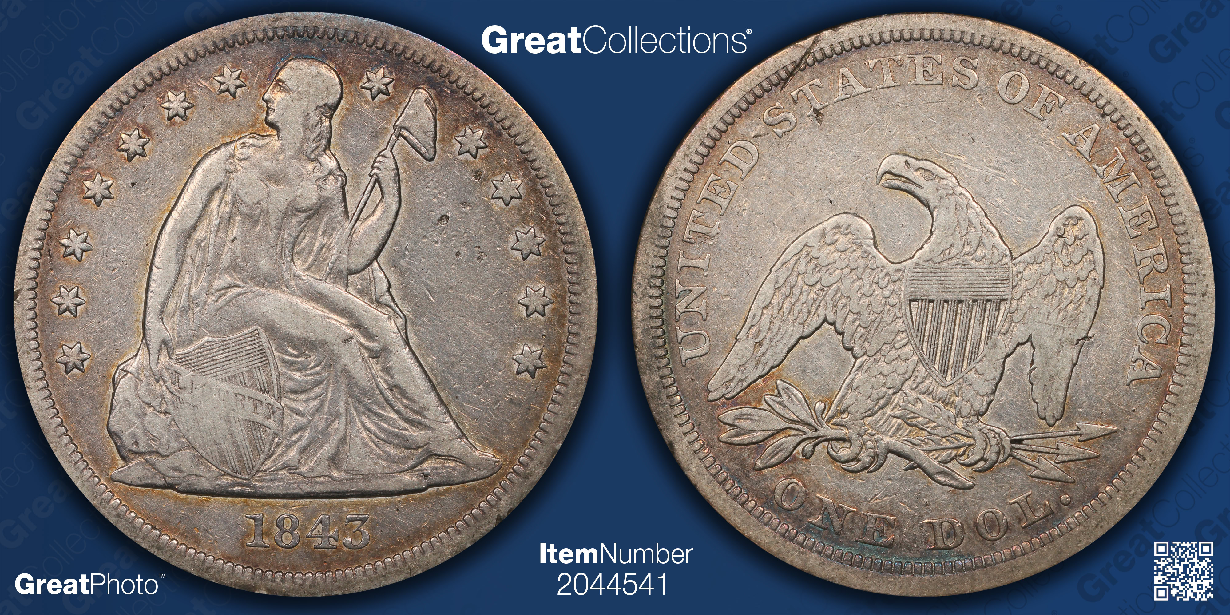 1843 Seated Liberty Silver Dollar ANACS VF-25 OH (Toned) (Item