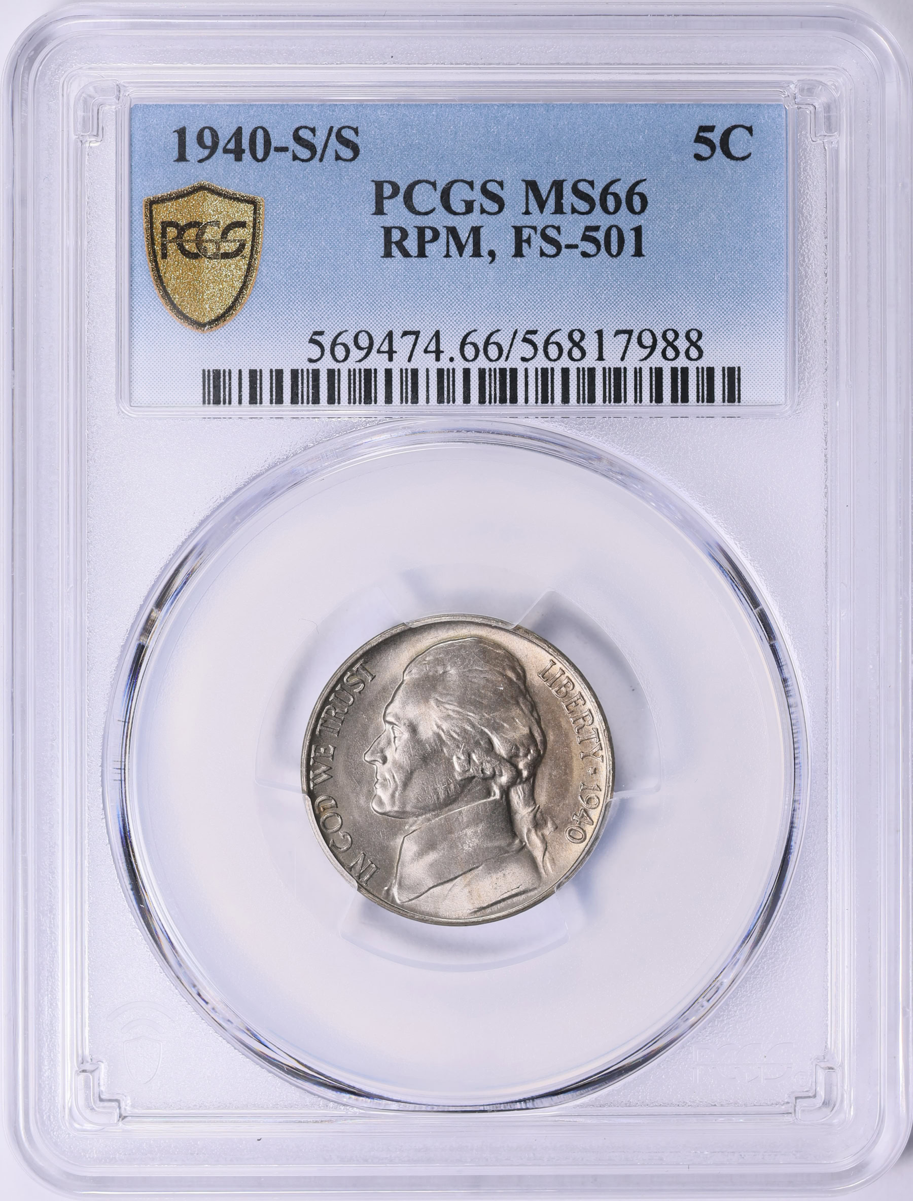 【未使用】FS-STD True MachineHead Aged Nickel 1940-S/S Jefferson Nickel Repunched Mintmark FS-501 PCGS MS-66
