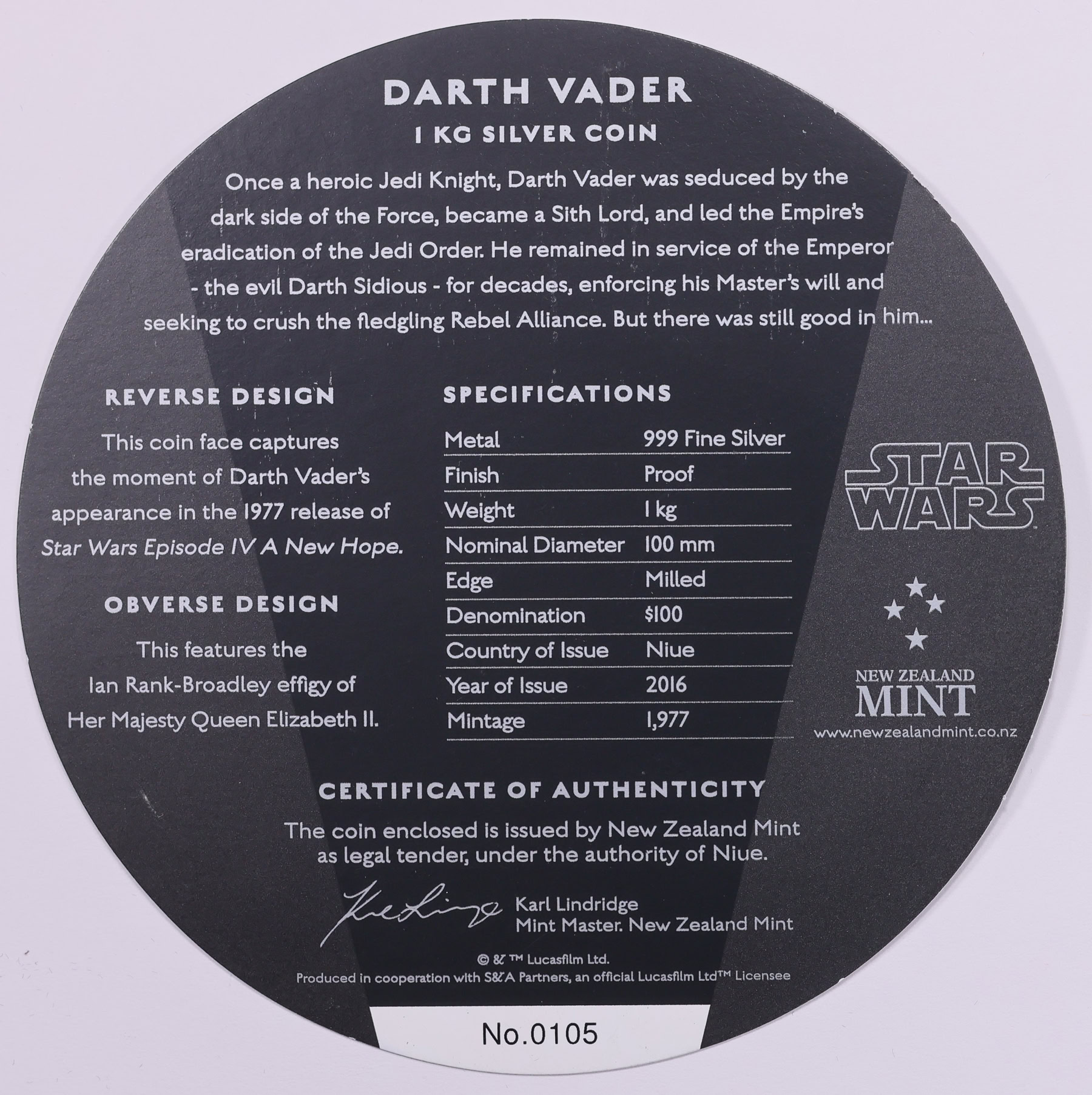Niue 2016 Silver $100 Kilo Star Wars Darth Vader in Case of Issue