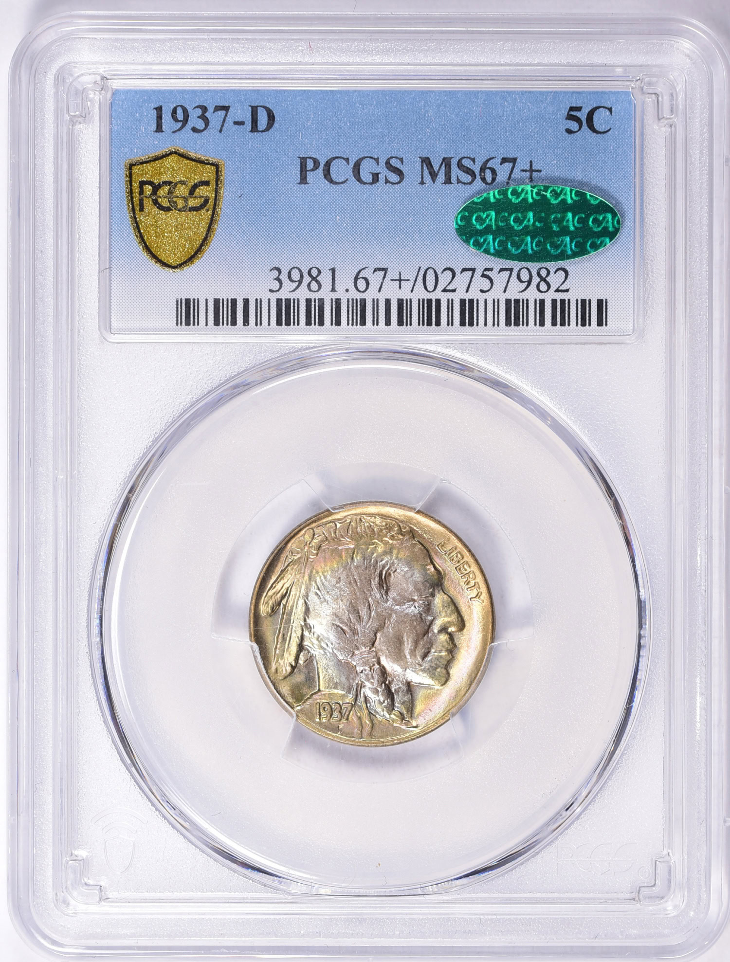 1937-D Buffalo Nickel PCGS MS-67+ (CAC Green) (Toned) (Item