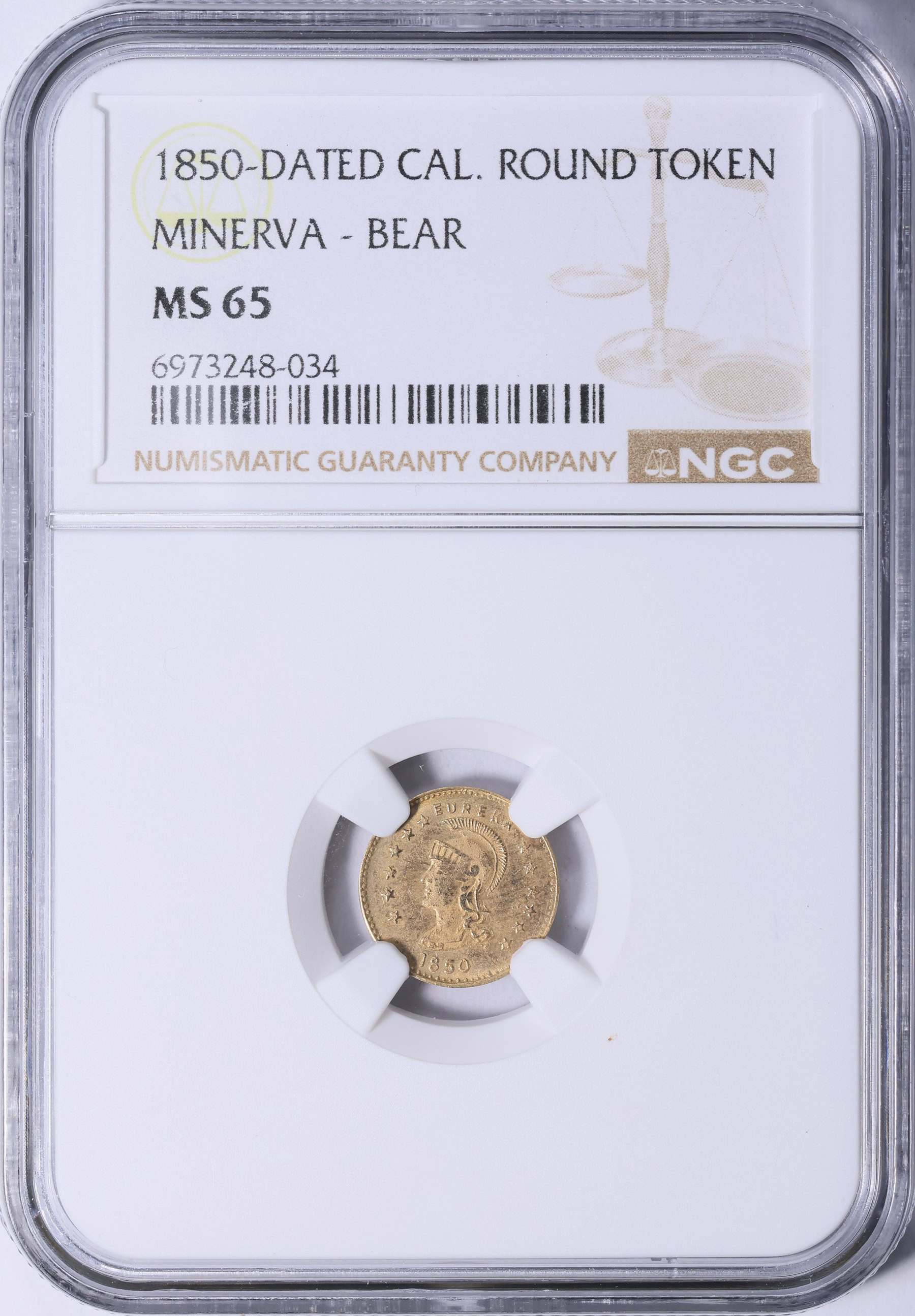 1850-Dated California Gold Token Round Minerva - Bear #5 13mm NGC