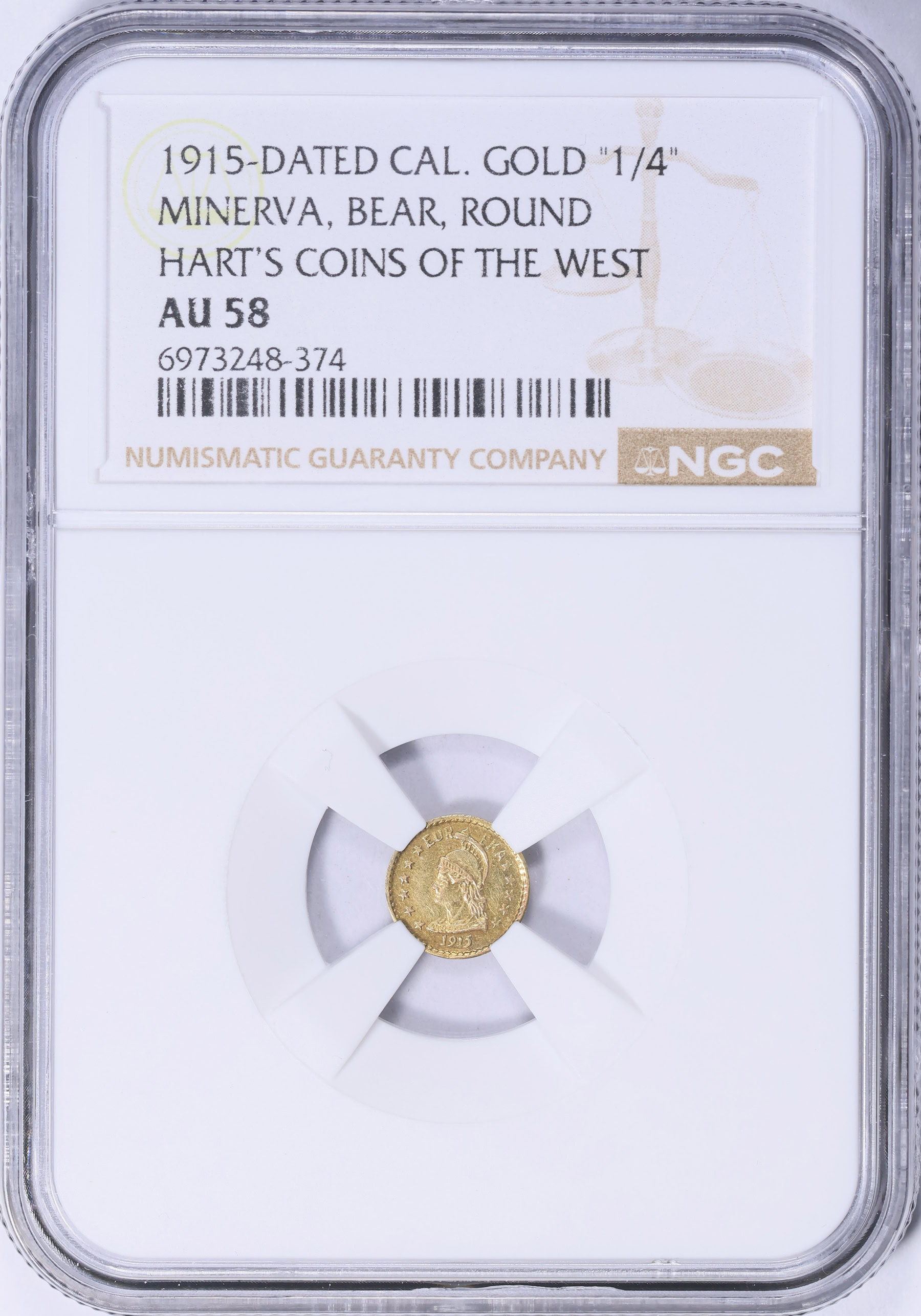 1915-Dated 1/4 California Gold Token Round Minerva - Bear #3 10mm
