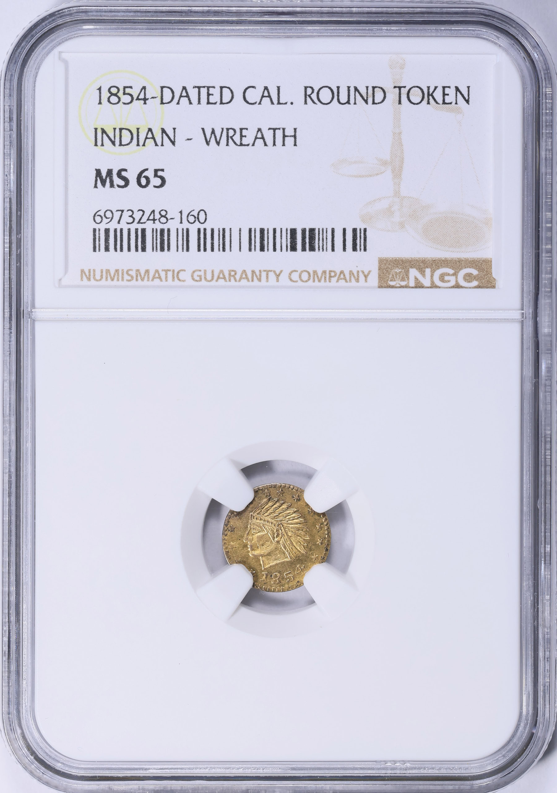 1854-Dated California Gold Token Round Indian #2 - Wreath #4e 12mm