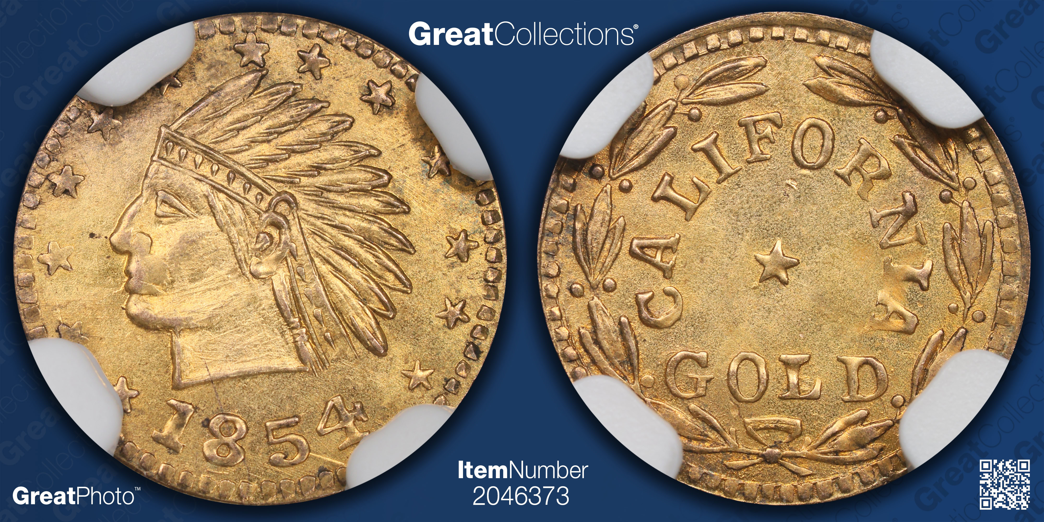 1854-Dated California Gold Token Round Indian #2 - Wreath #4e 12mm