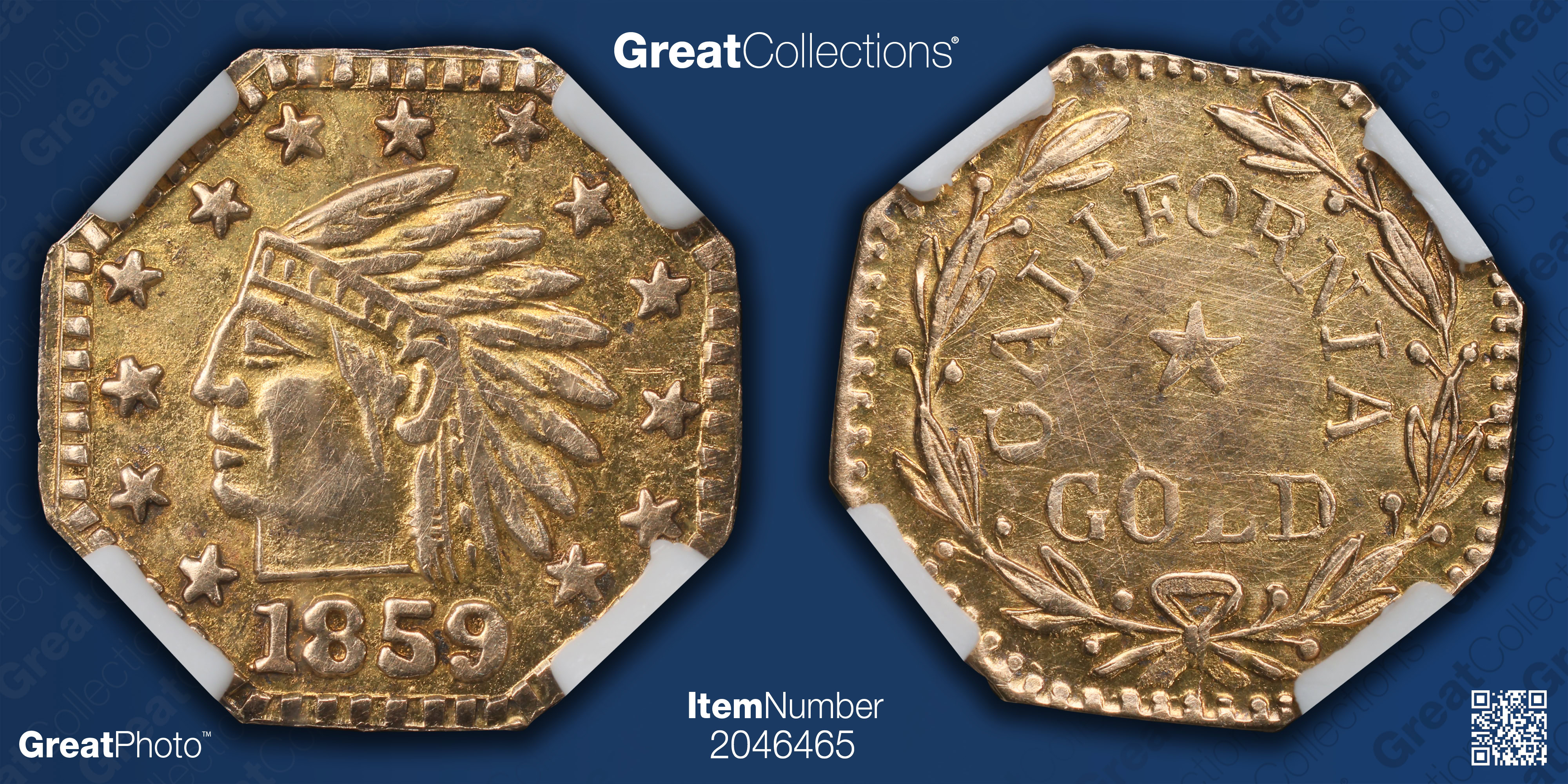 1859-Dated California Gold Token Octagonal Indian #1 - Wreath #4b