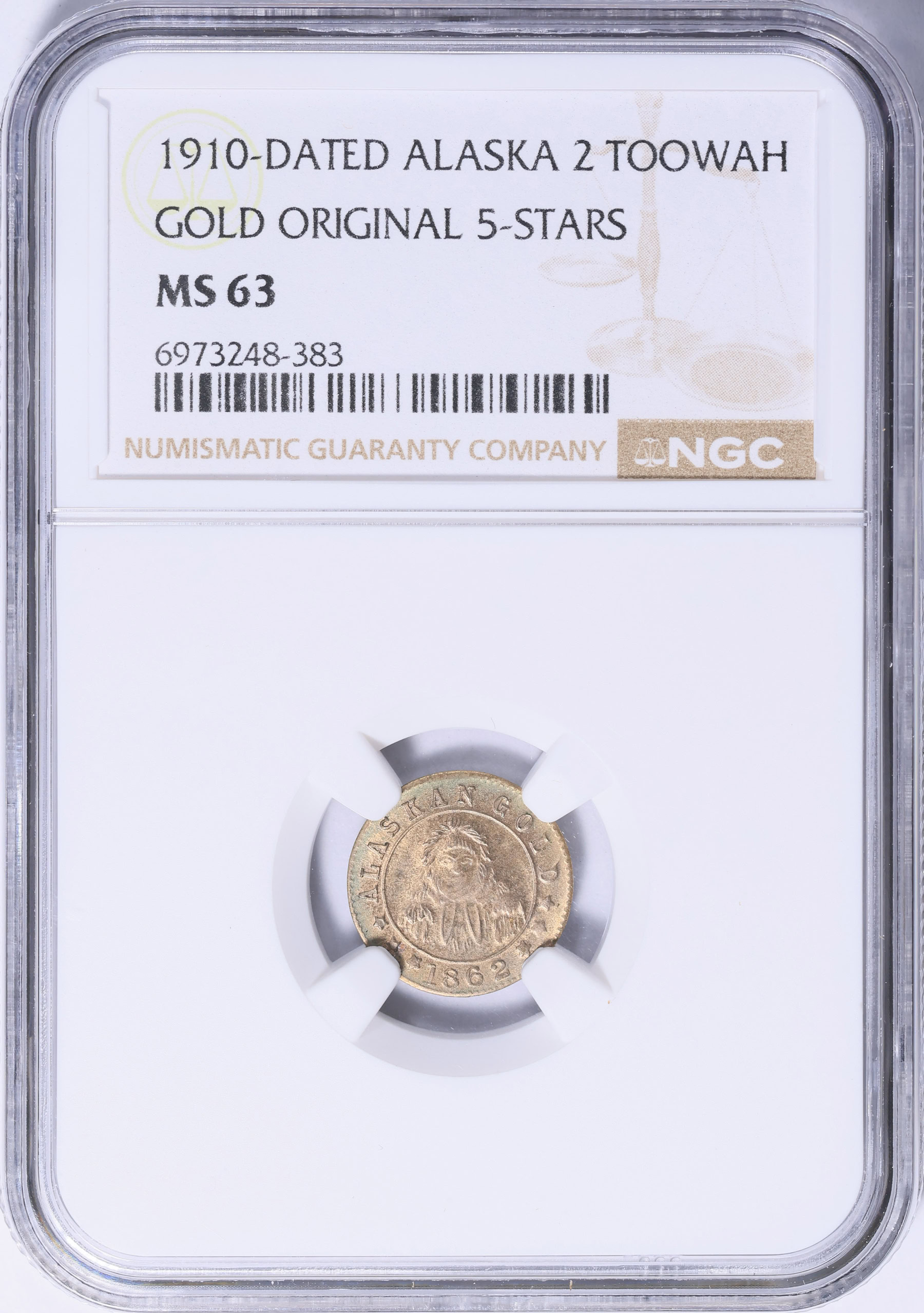 1910-Dated Alaska Gold 2 Toowah Token 5 Star Reverse Original