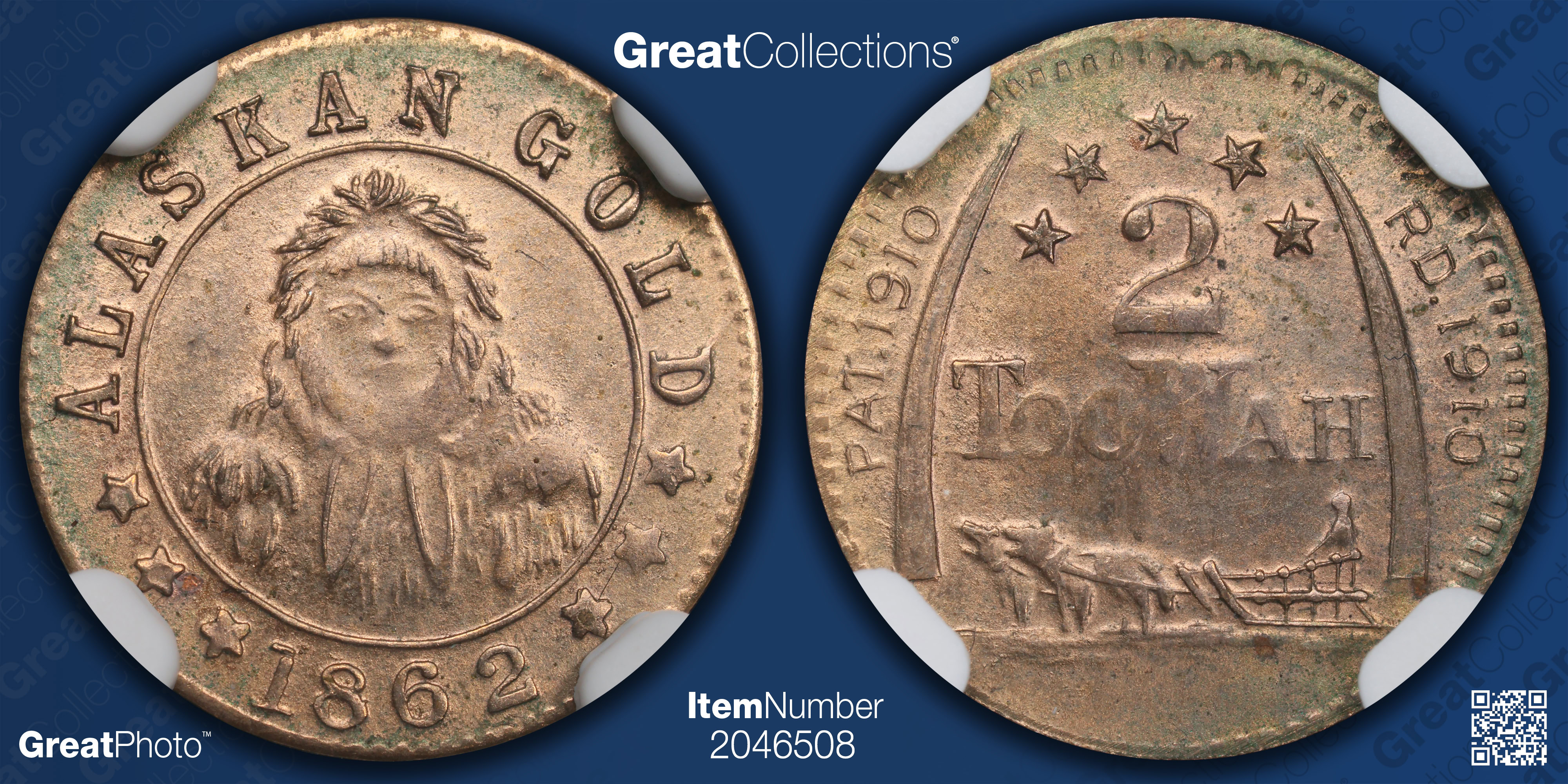 1910-Dated Alaska Gold 2 Toowah Token 5 Star Reverse Original