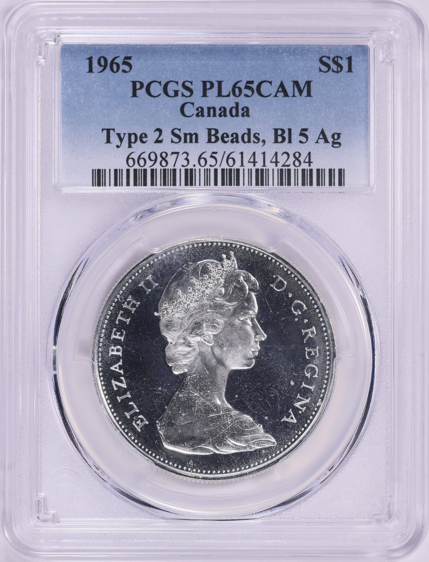 Canada 1965 Silver Dollar Type 2 Small Beads, Blunt 5 KM-64.1 PCGS