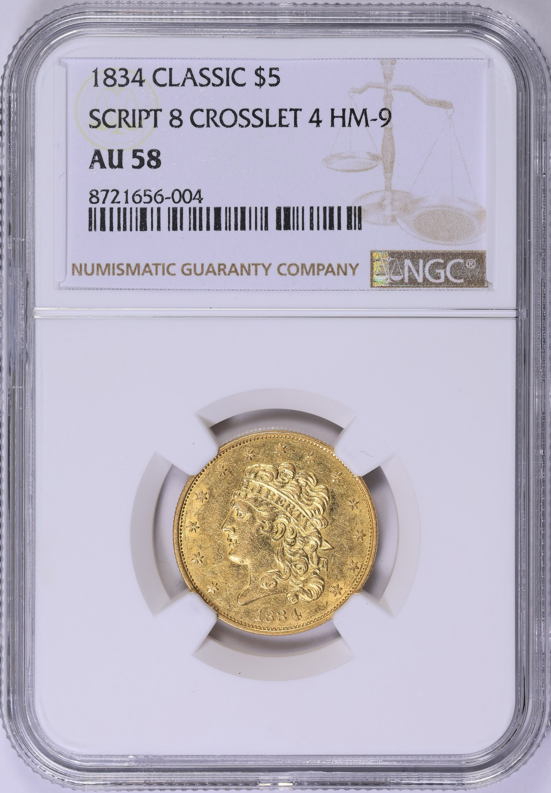 1834 Classic Head Gold Half Eagle Script 8 Crosslet 4 HM-9 NGC AU