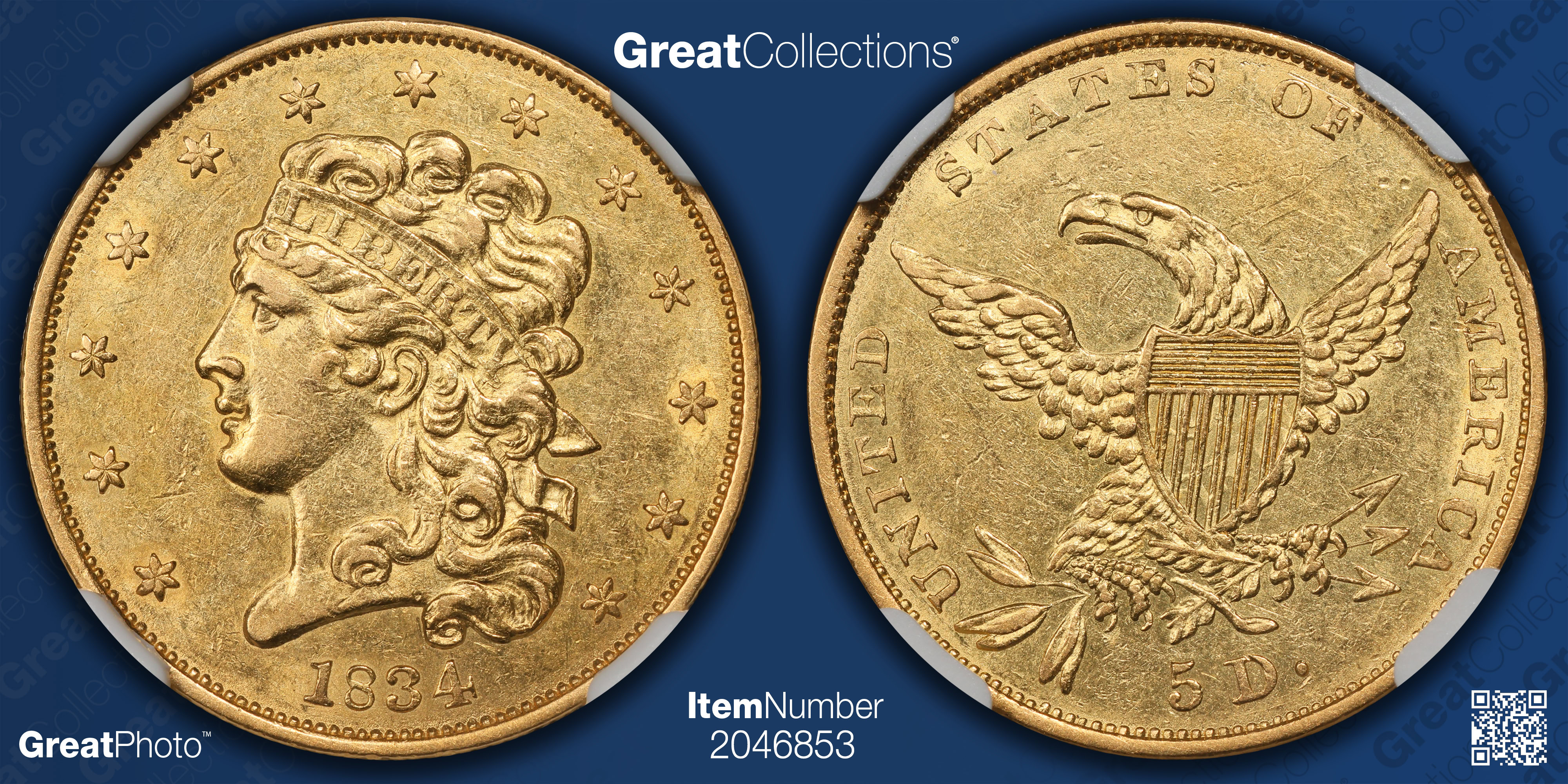 1834 Classic Head Gold Half Eagle Script 8 Crosslet 4 HM-9 NGC AU