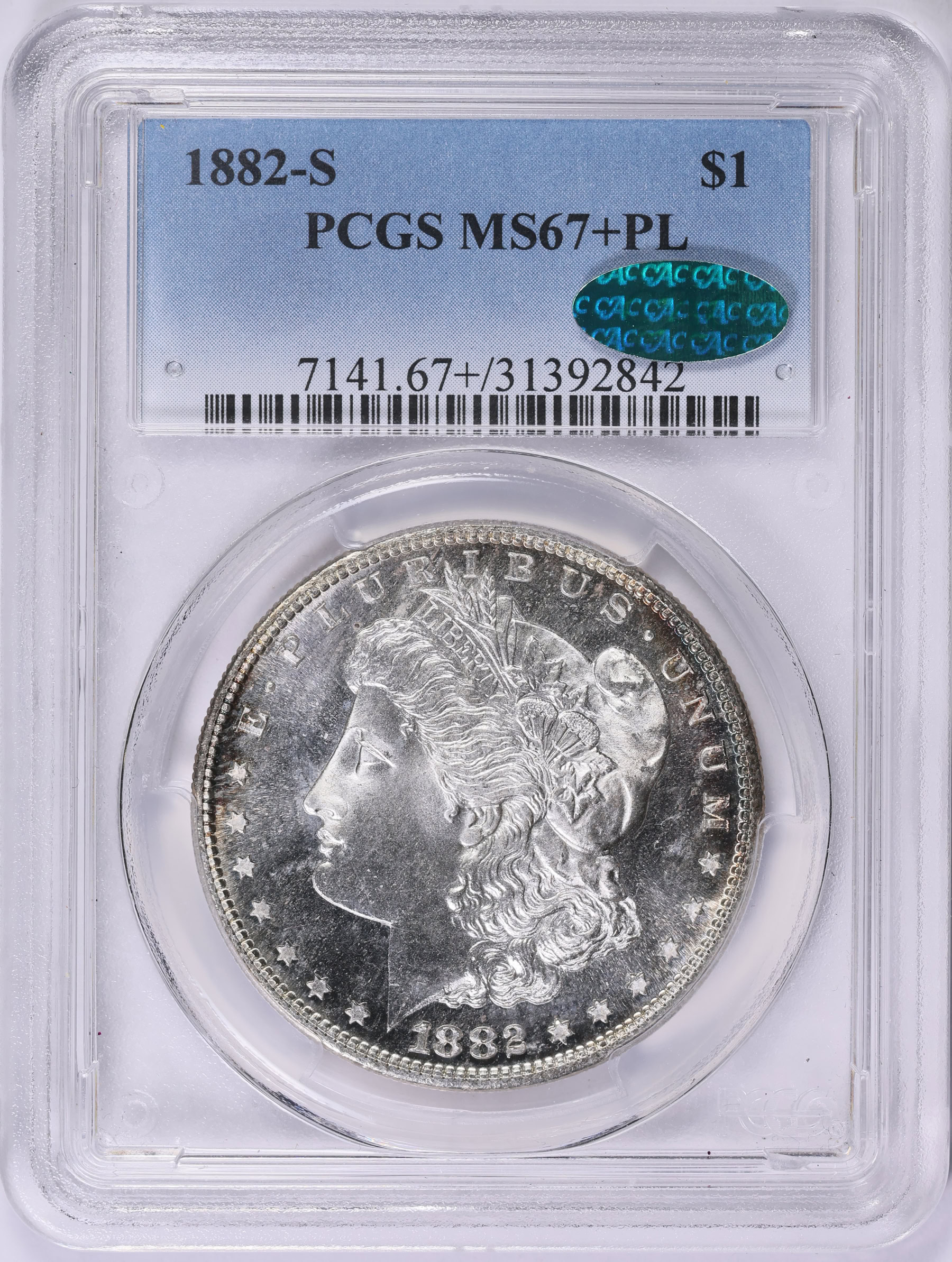 1882-S Morgan Silver Dollar PCGS MS-67+ PL (CAC Green) (Toned