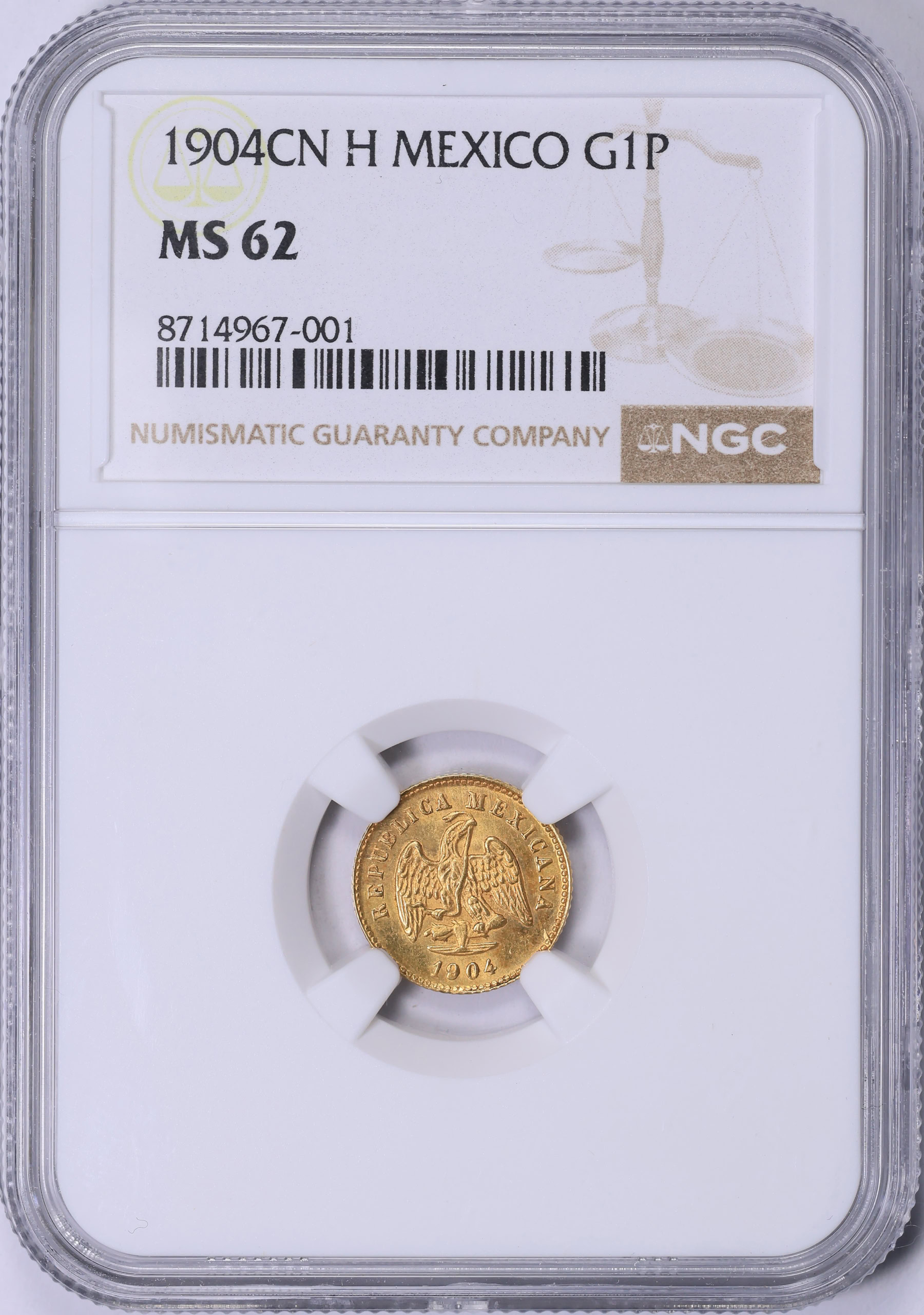 Mexico 1904-Cn H Gold Peso KM-410.2 NGC MS-62 (AGW = 0.0476 Oz