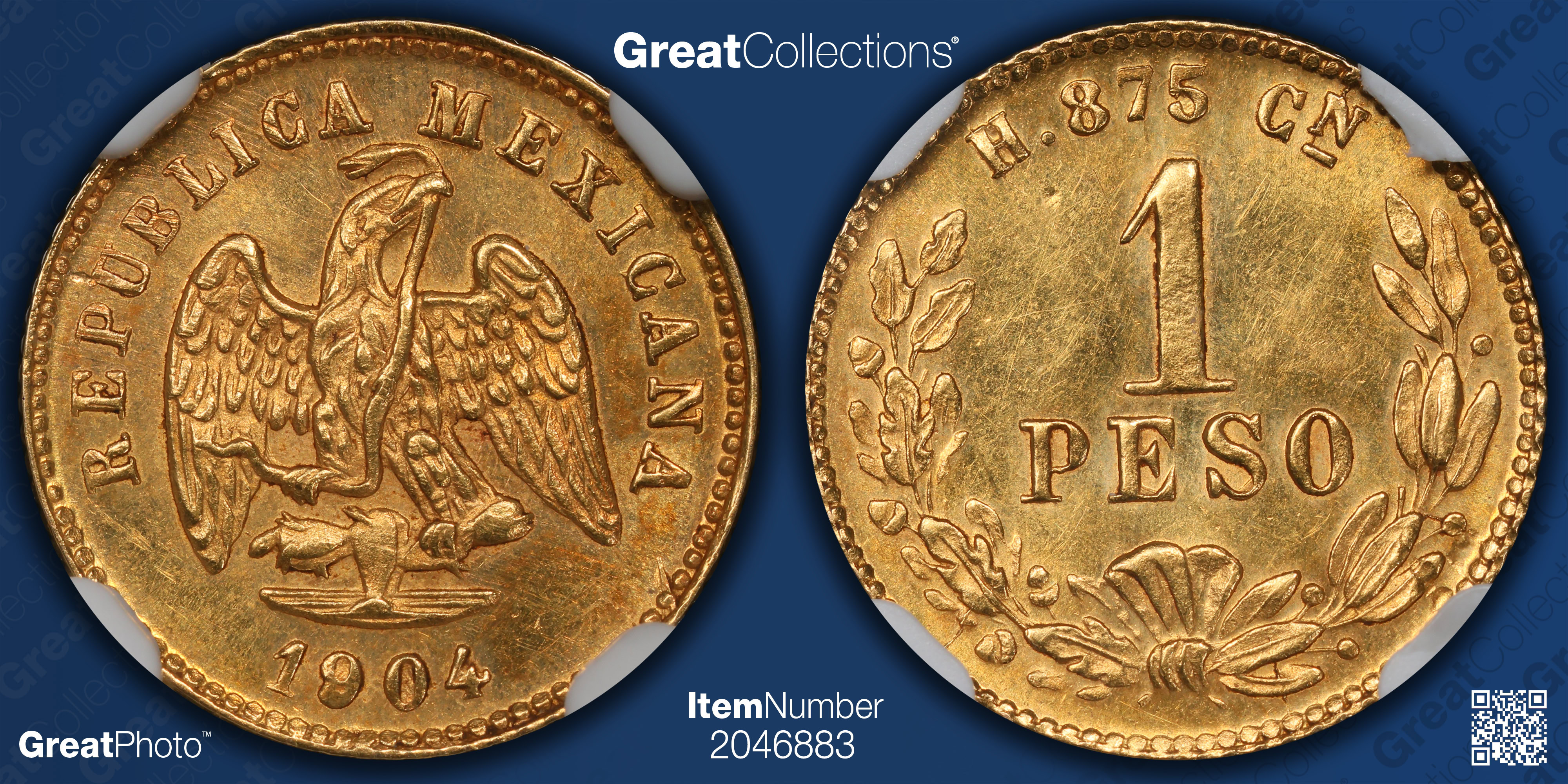 Mexico 1904-Cn H Gold Peso KM-410.2 NGC MS-62 (AGW = 0.0476 Oz