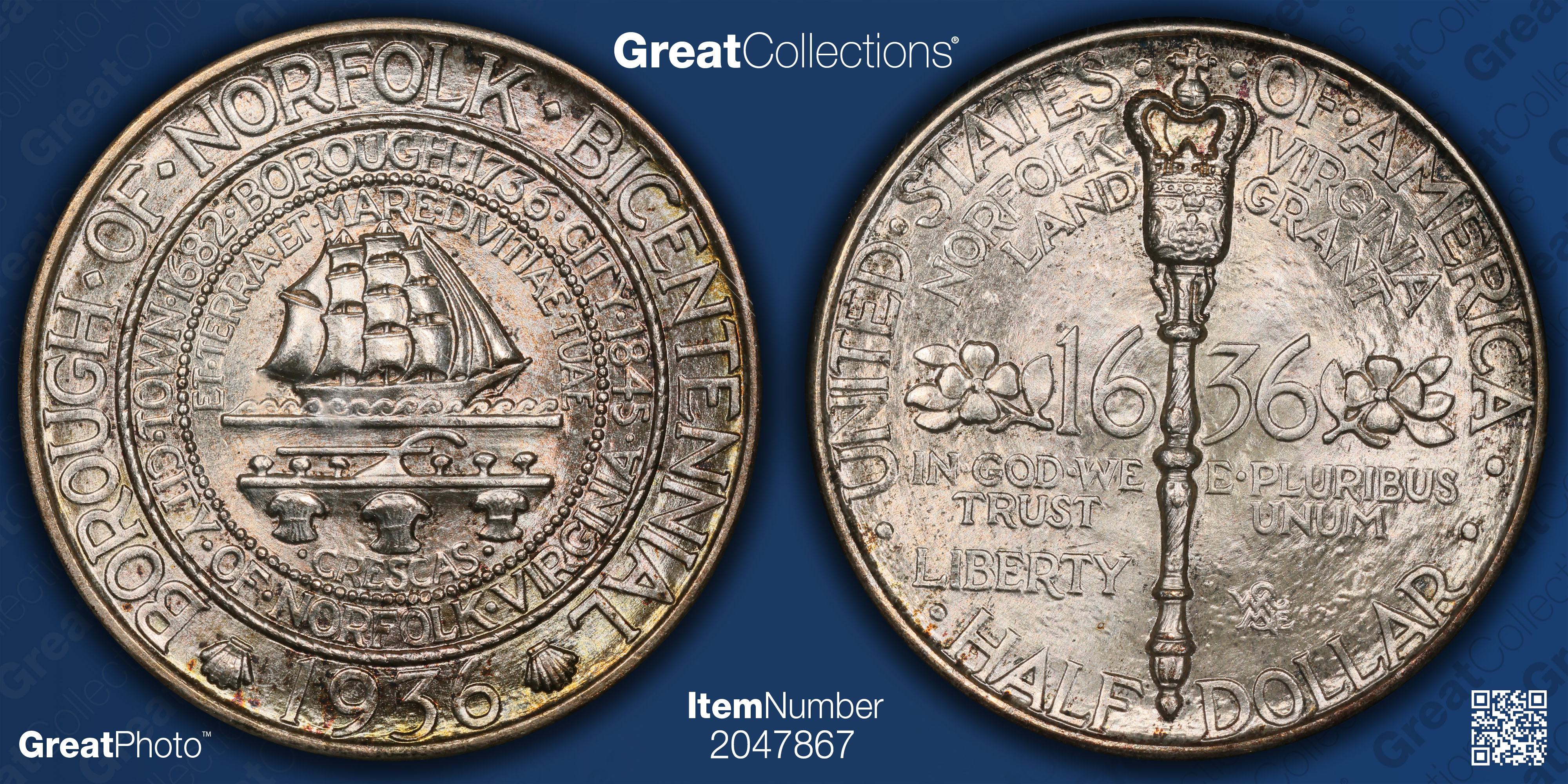 1936 Norfolk, Virginia, Bicentennial Half Dollar NGC MS-65 (CAC