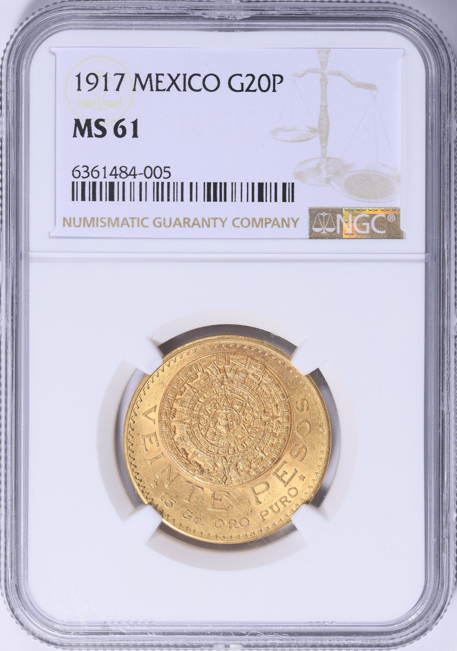 Mexico 1917 Gold 20 Pesos KM-478 NGC MS-61 (AGW = 0.4822 oz