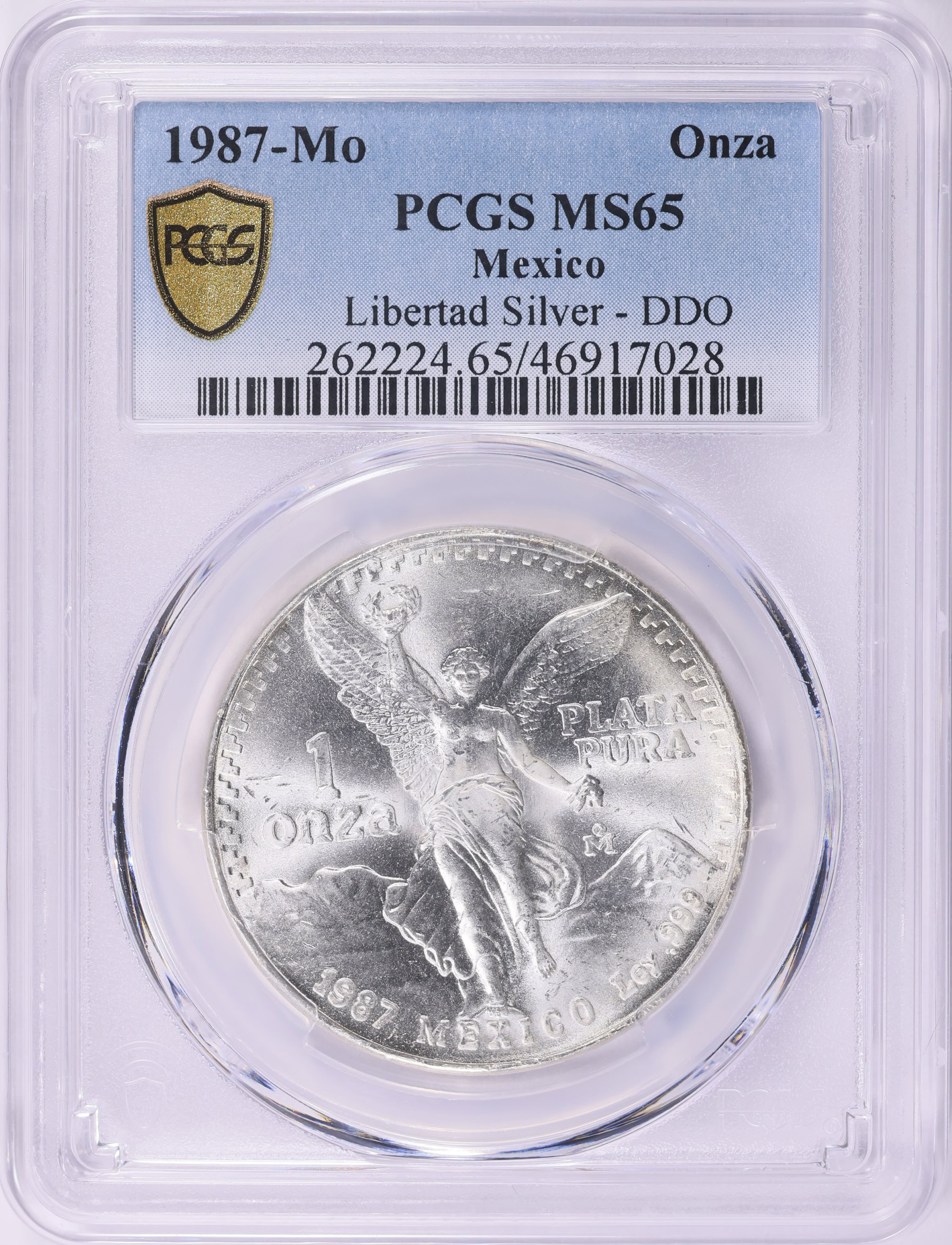 Mexico 1987-Mo Silver Onza Libertad DDO KM-489 PCGS MS-65 (Item