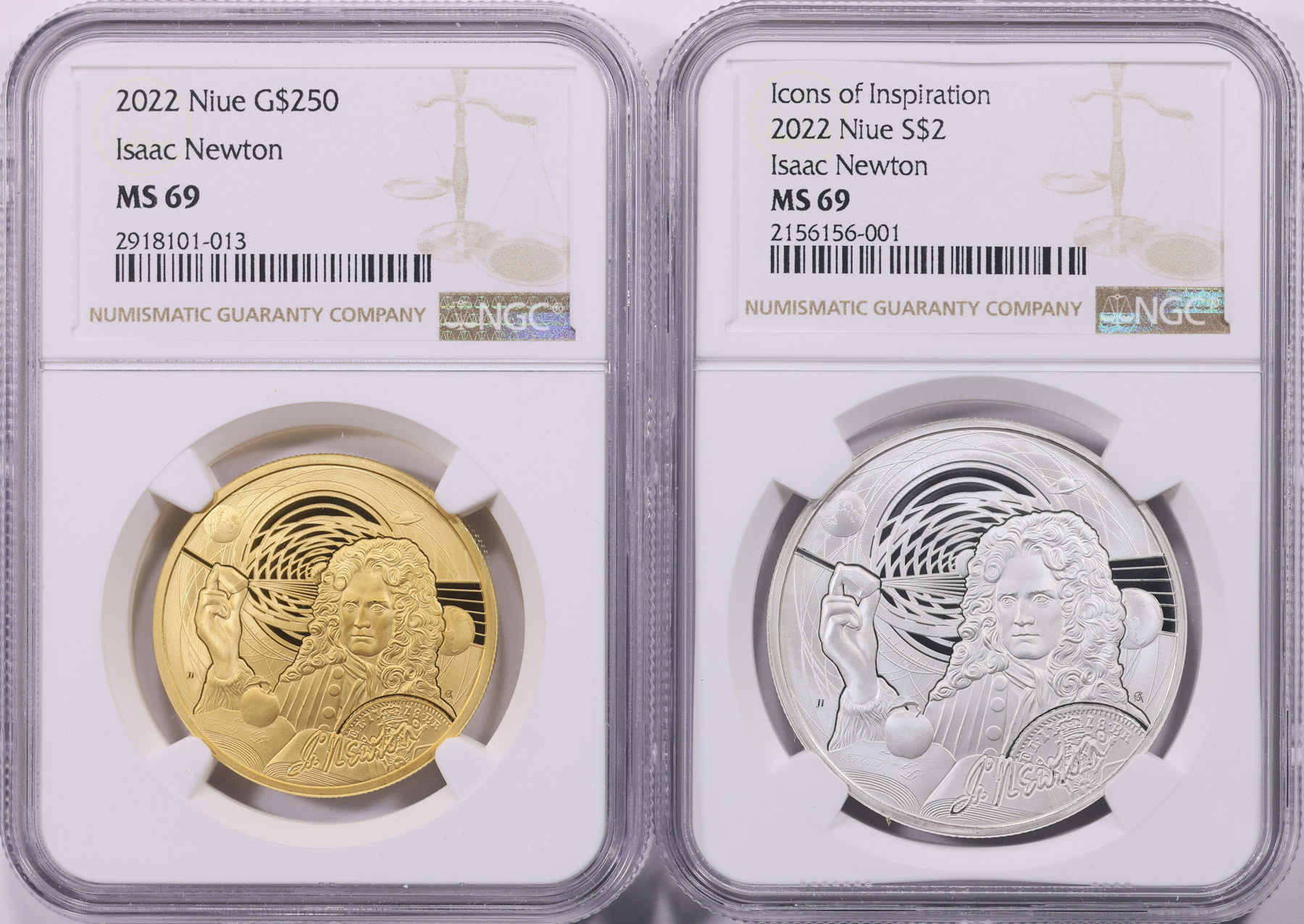 Niue 2022 Gold $250 & Silver $2 Icons of Inspiration Isaac Newton