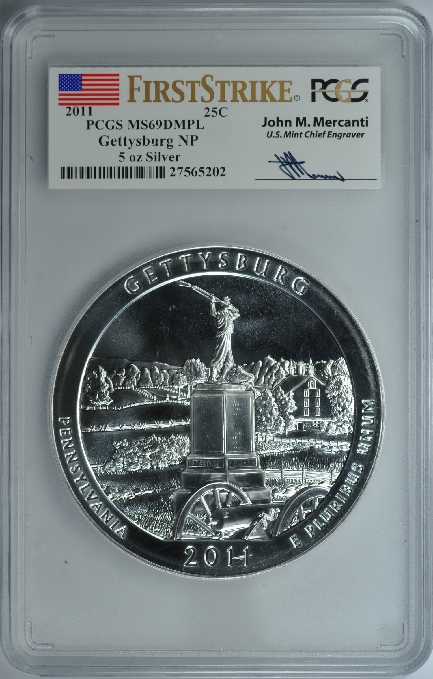 2011 America the Beautiful 5 oz. Gettysburg NP First Strike PCGS