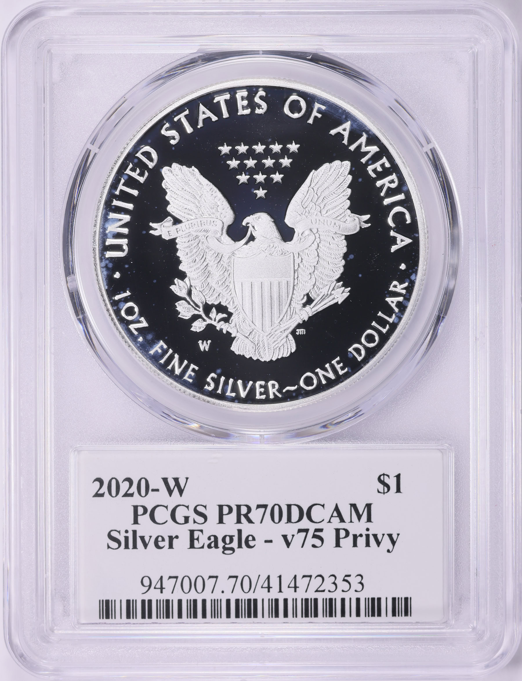 2020-W $1 Silver Eagle V75 Privy PCGS Proof-70 DCAM (David Hall