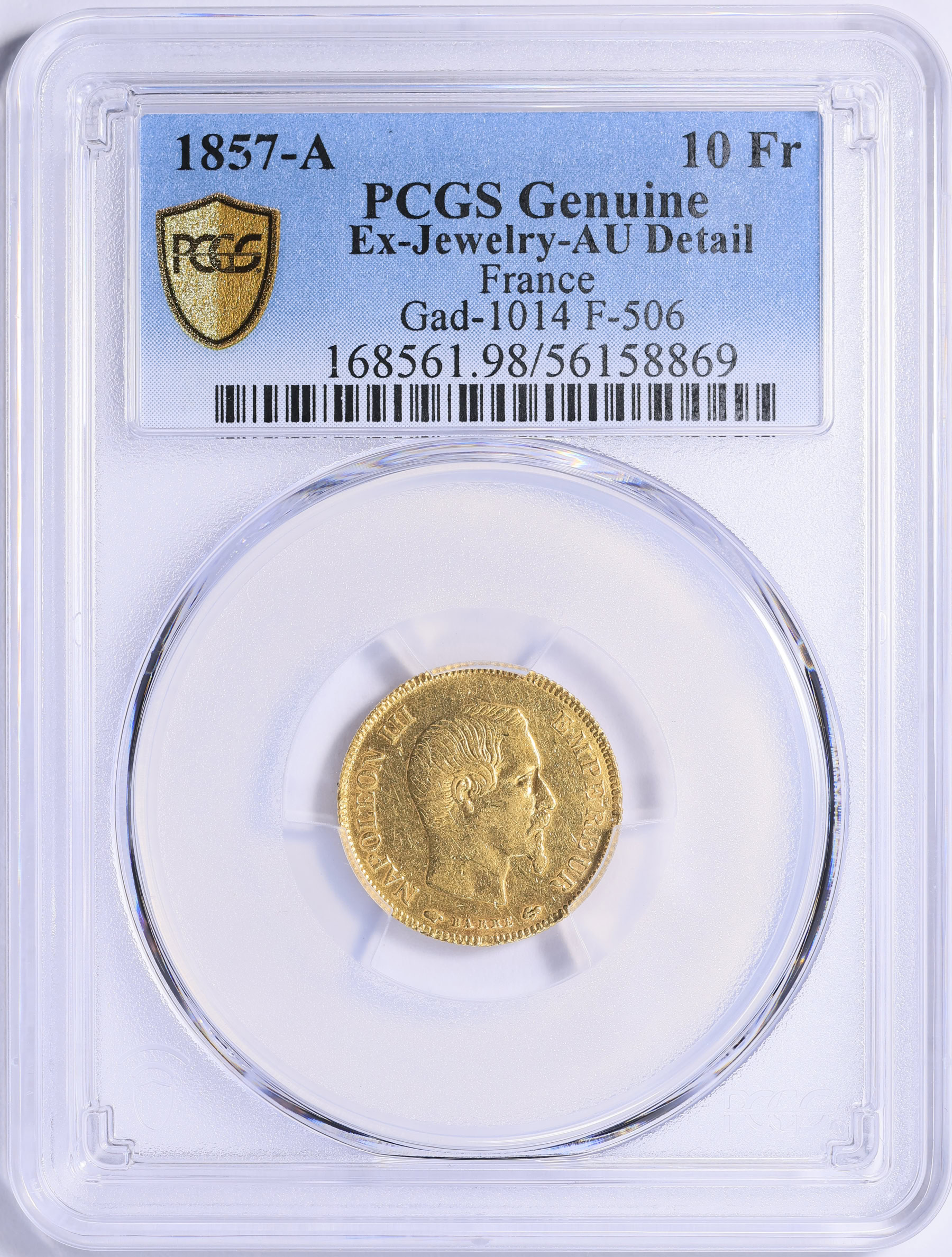 France 1857-A Gold 10 Francs KM-784.3 PCGS Genuine AU Details (AGW