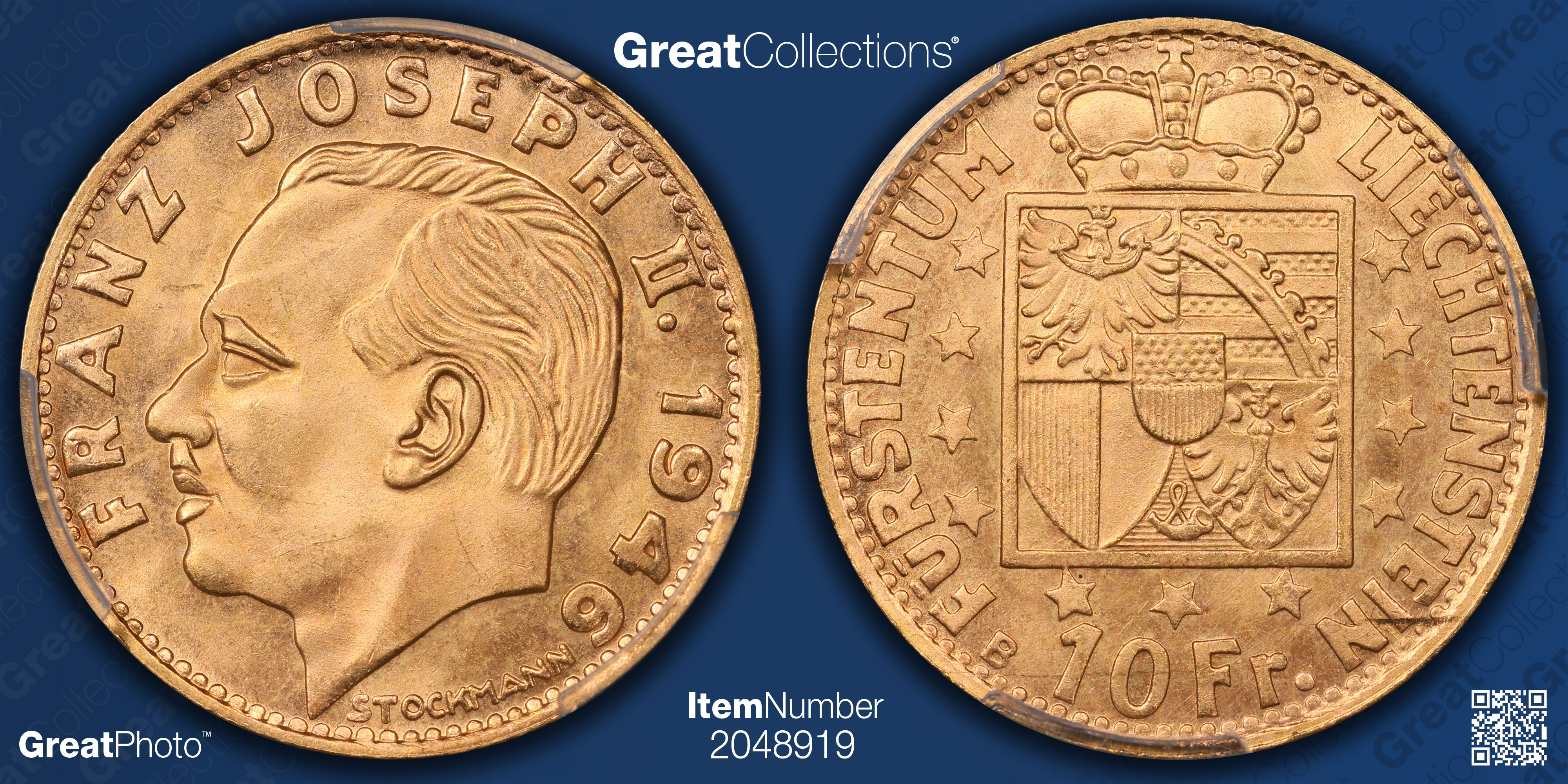 Liechtenstein 1946-B Gold 10 Franken Y-13 PCGS MS-65 (AGW = 0.0933