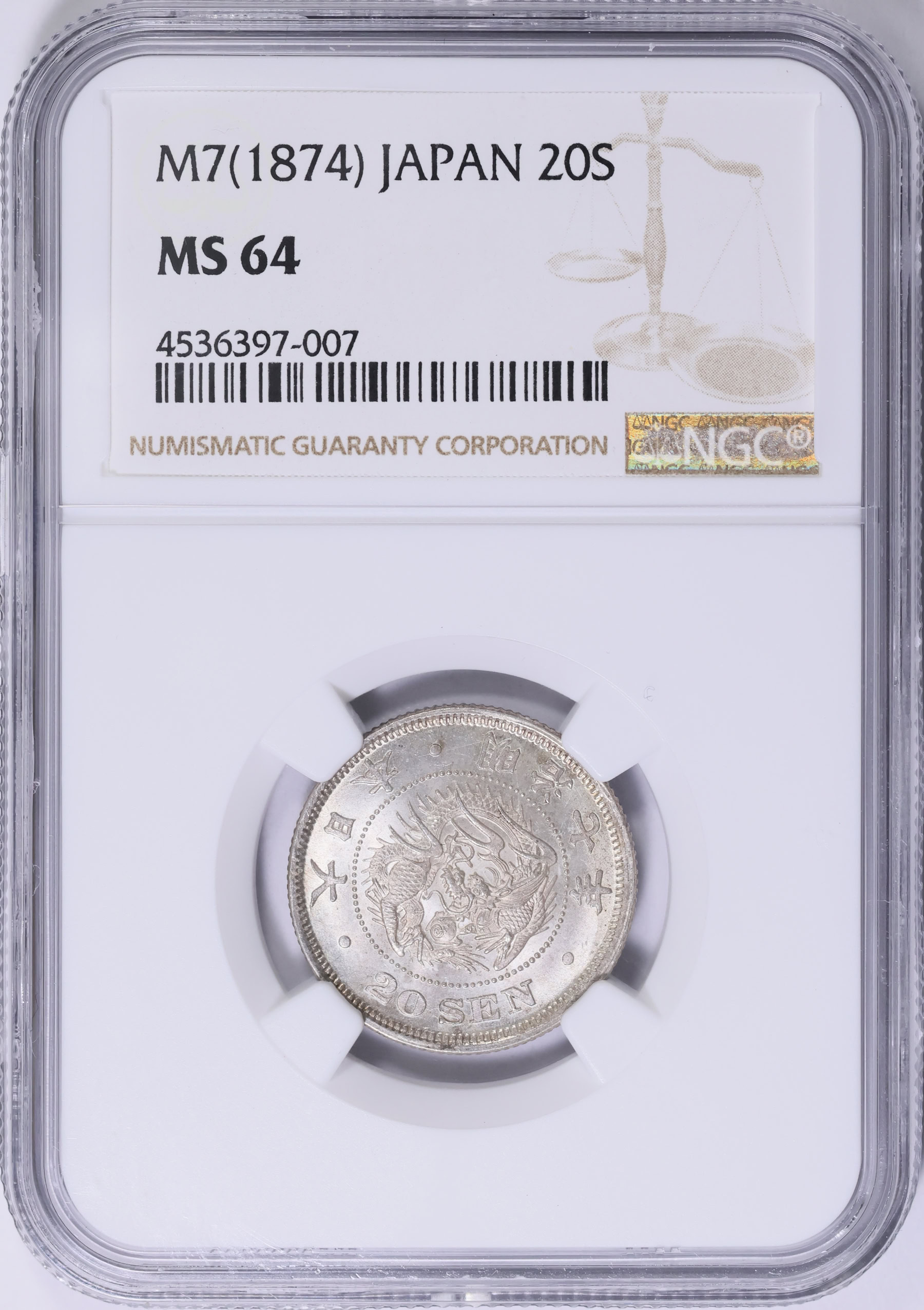 Japan Year 7 (1874) Silver 20 Sen Y-24 NGC MS-64 (Item 2048964