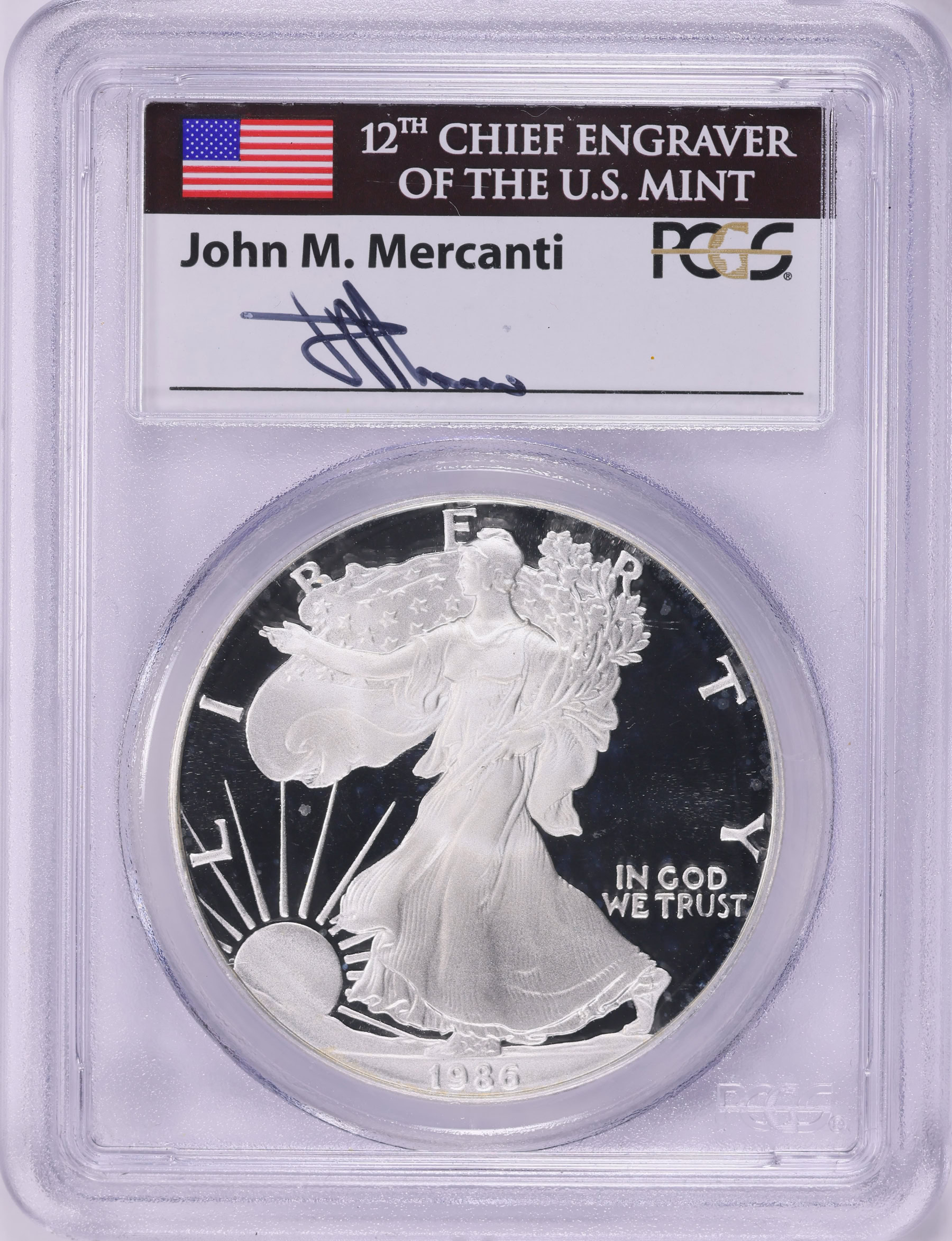 1986-S $1 Silver Eagle PCGS Proof-70 DCAM (Mercanti Signed Flag
