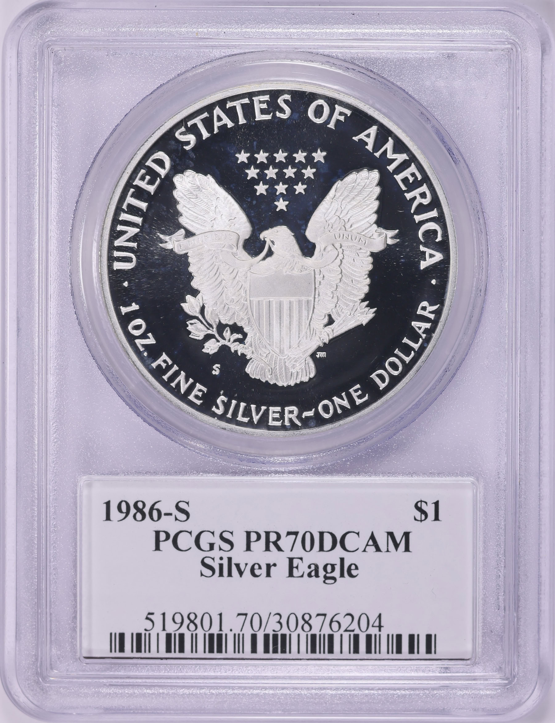 1986-S $1 Silver Eagle PCGS Proof-70 DCAM (Mercanti Signed Flag