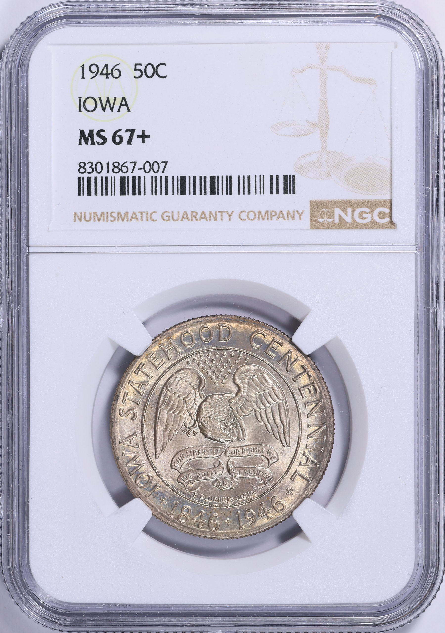 1946 Iowa Centennial Half Dollar NGC MS-67+ (Toned) (Item 2049537