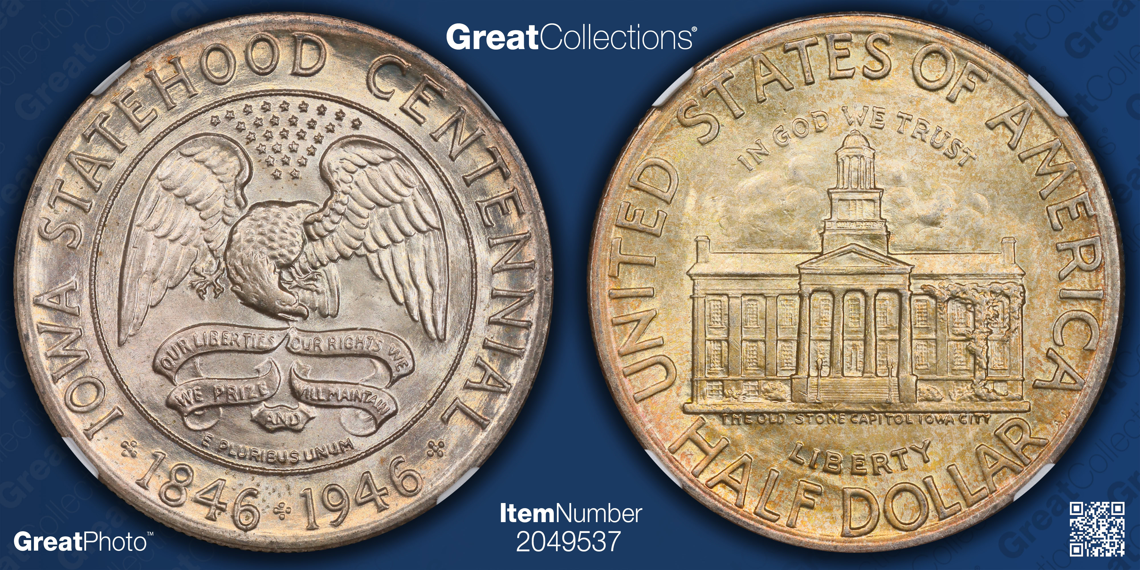 1946 Iowa Centennial Half Dollar NGC MS-67+ (Toned) (Item 2049537